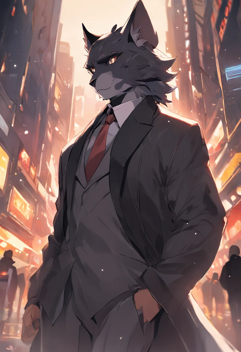 4K, high resolution, Best quality, Masterpiece, perfect colors, perfectly shaded, Perfect lighting, posted on e621, (by Chunie), Furry, anthro, Furry art,middle aged man，Big back，Black and white hair，stubbles，Handsome face，wind coat，Business suit，围巾，cigars，Male Black Panther，two tone color hair，eye glass，(Middle age),,Detailed fur, Detailed face, Perfect face, (The stands up), Detailed background, ((Bonifasko lighting)), coda, (Detailed eyes), perfect pupils