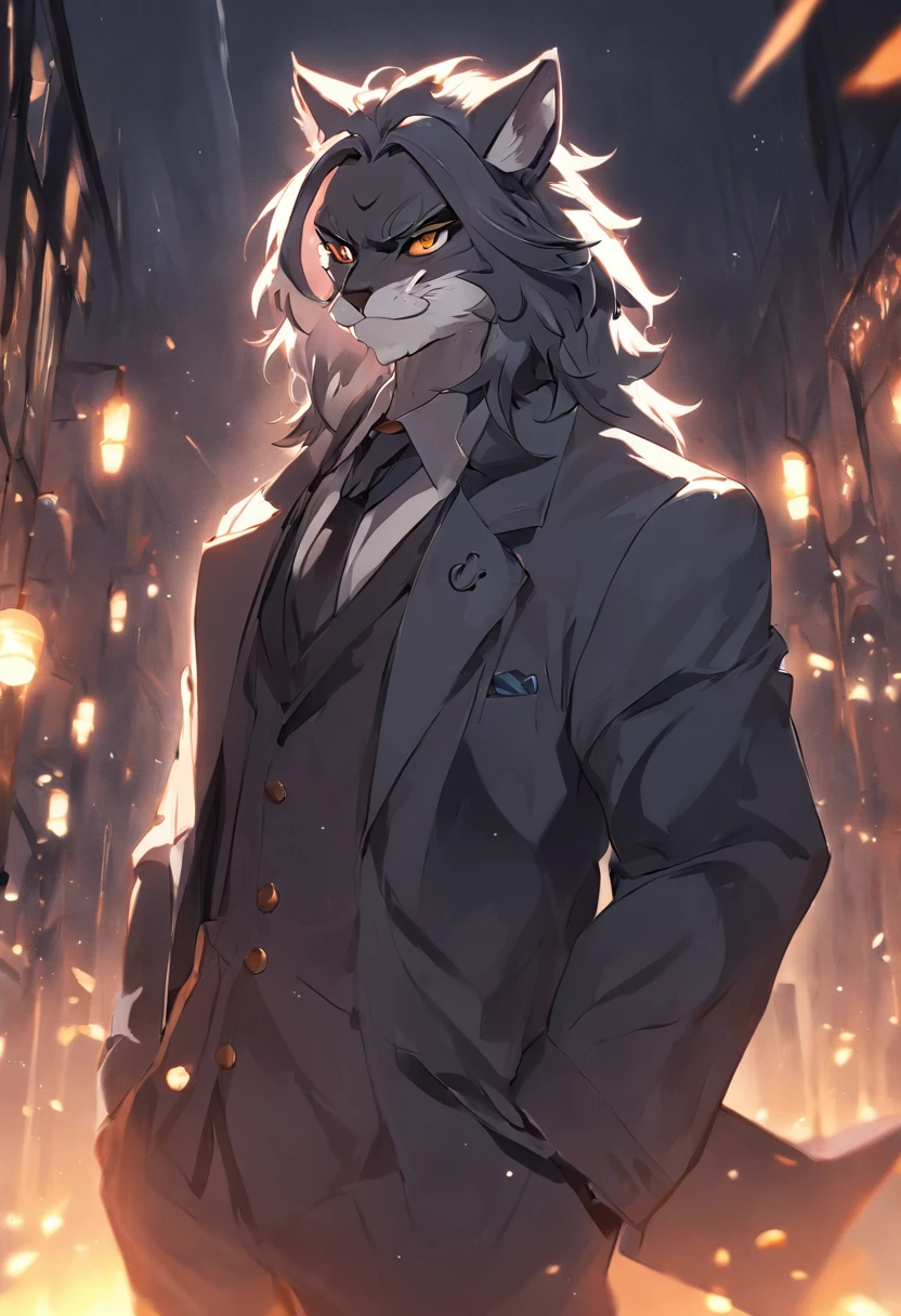 4K, high resolution, Best quality, Masterpiece, perfect colors, perfectly shaded, Perfect lighting, posted on e621, (by Chunie), Furry, anthro, Furry art,middle aged man，Big back，Black and white hair，stubbles，Handsome face，wind coat，Business suit，围巾，cigars，Male Black Panther，two tone color hair，eye glass，(Middle age),,Detailed fur, Detailed face, Perfect face, (The stands up), Detailed background, ((Bonifasko lighting)), coda, (Detailed eyes), perfect pupils