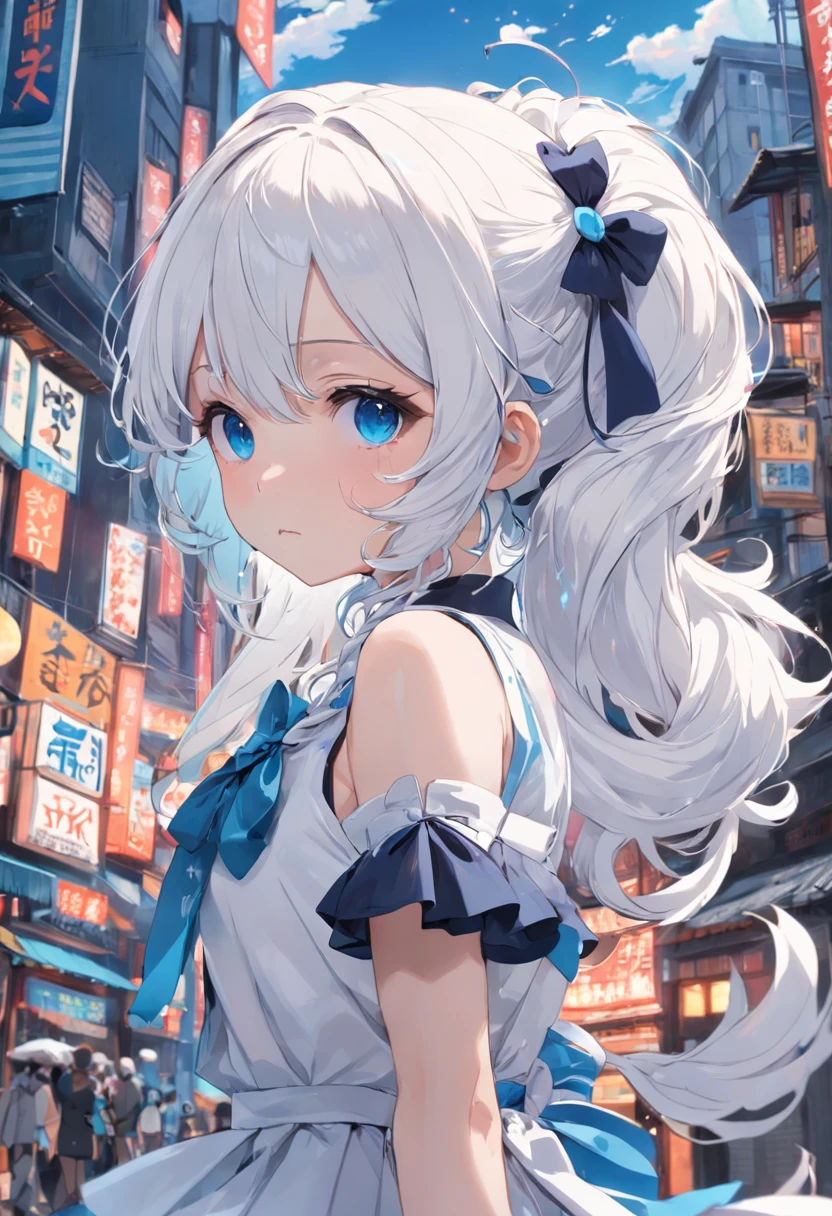 white color hair,Double ponytail curls,blue color eyes,White Lolita,Beth,A bustling city street