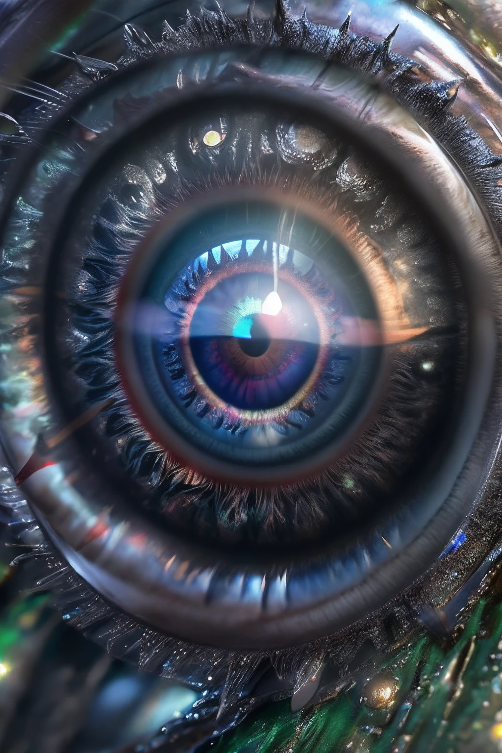 arafed, high details, best quality, 16k, [ultra detailed], masterpiece, best quality, (extremely detailed), dynamic angle, ultra wide shot, RAW, photorealistic, a extreme magnified picture of the mecha eye, green iris, a full moon, round moon being reflected on the iris, 3D rendering, [[anatomically correct]]