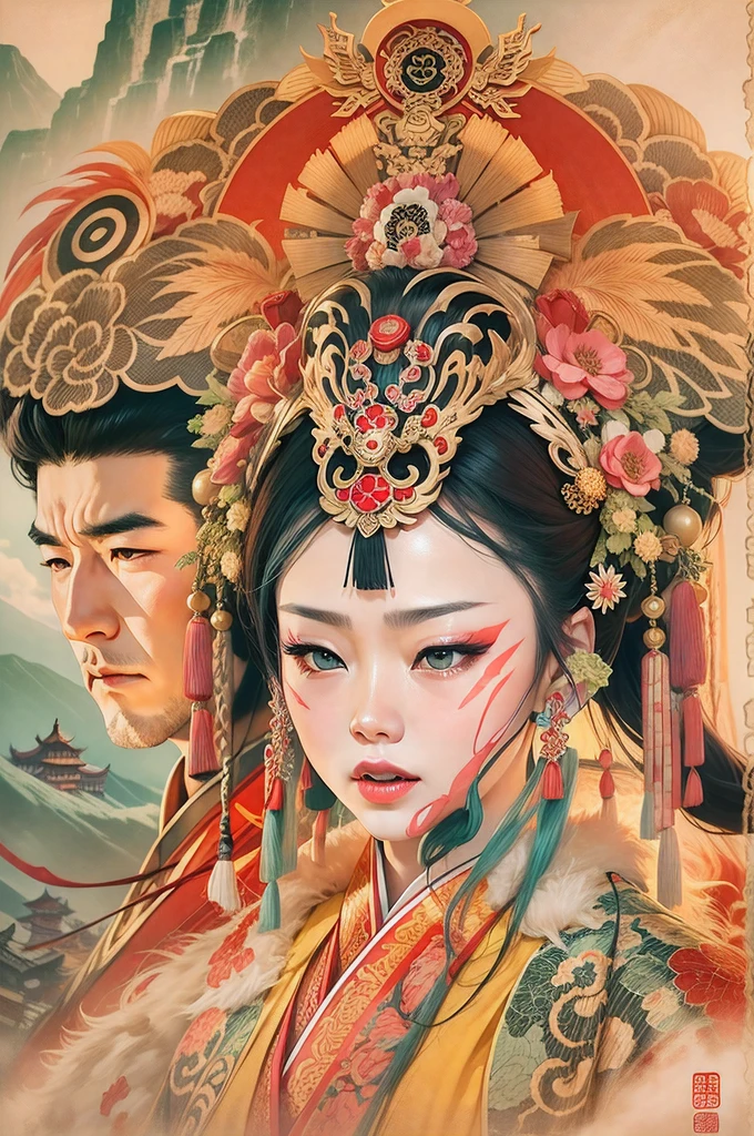 Chinese movie poster with a woman and a man dressed in traditional Peking Opera costumes, beijing opera,grieves,filmposter