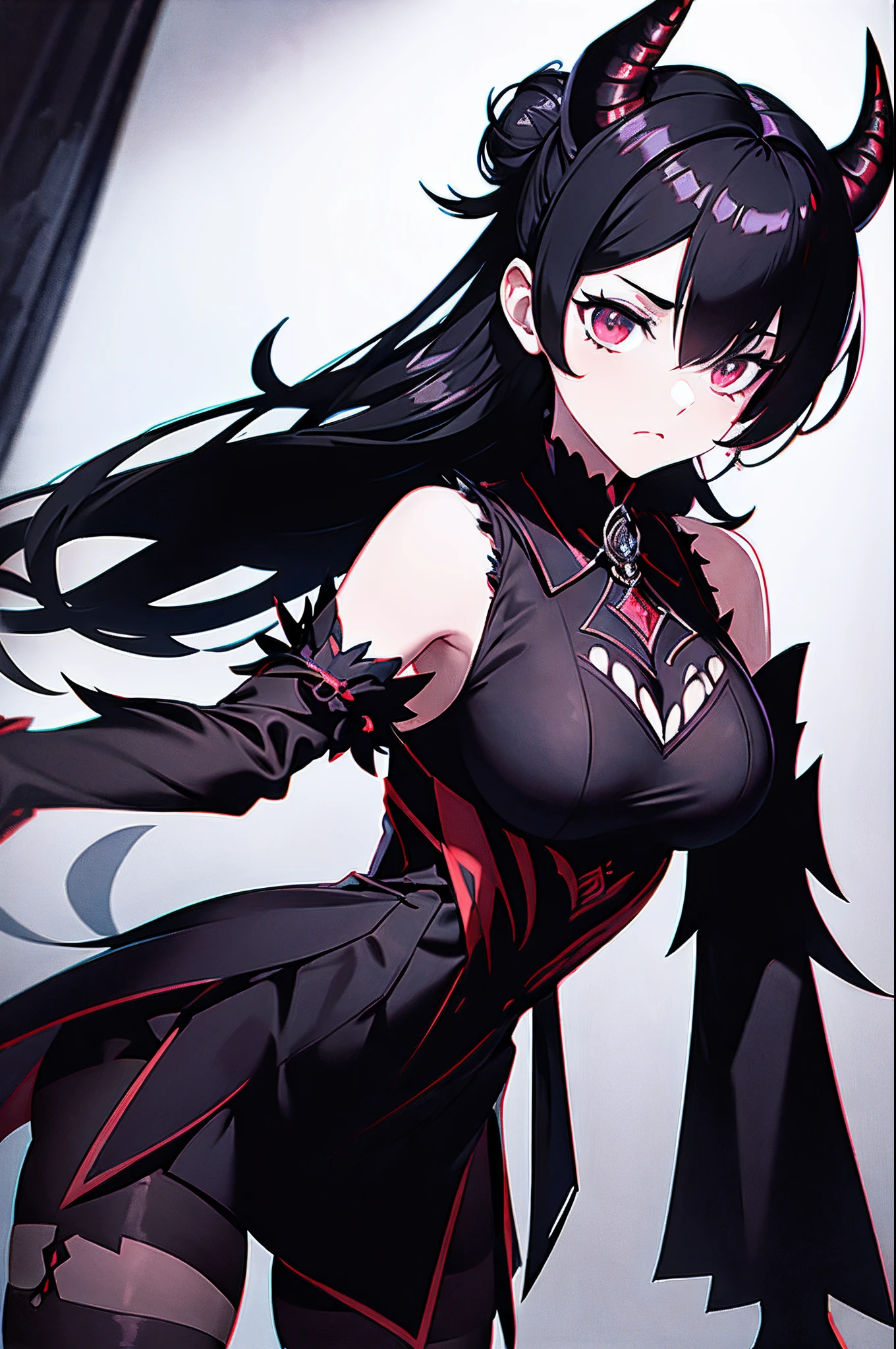 1 girl, demon girl, solo, black hair, short straight hair, gloves, bun updo, side bangs, long horns, ultra detailed red and black eyes, slit_pupils, gothic dress, sleeveless gothic dress, light gothic dress, skirtless gothic dress, ruined gothic cathedral in background, dim lighting, warm colours, fascinator, veil covering face, beautiful pose, serious expression
