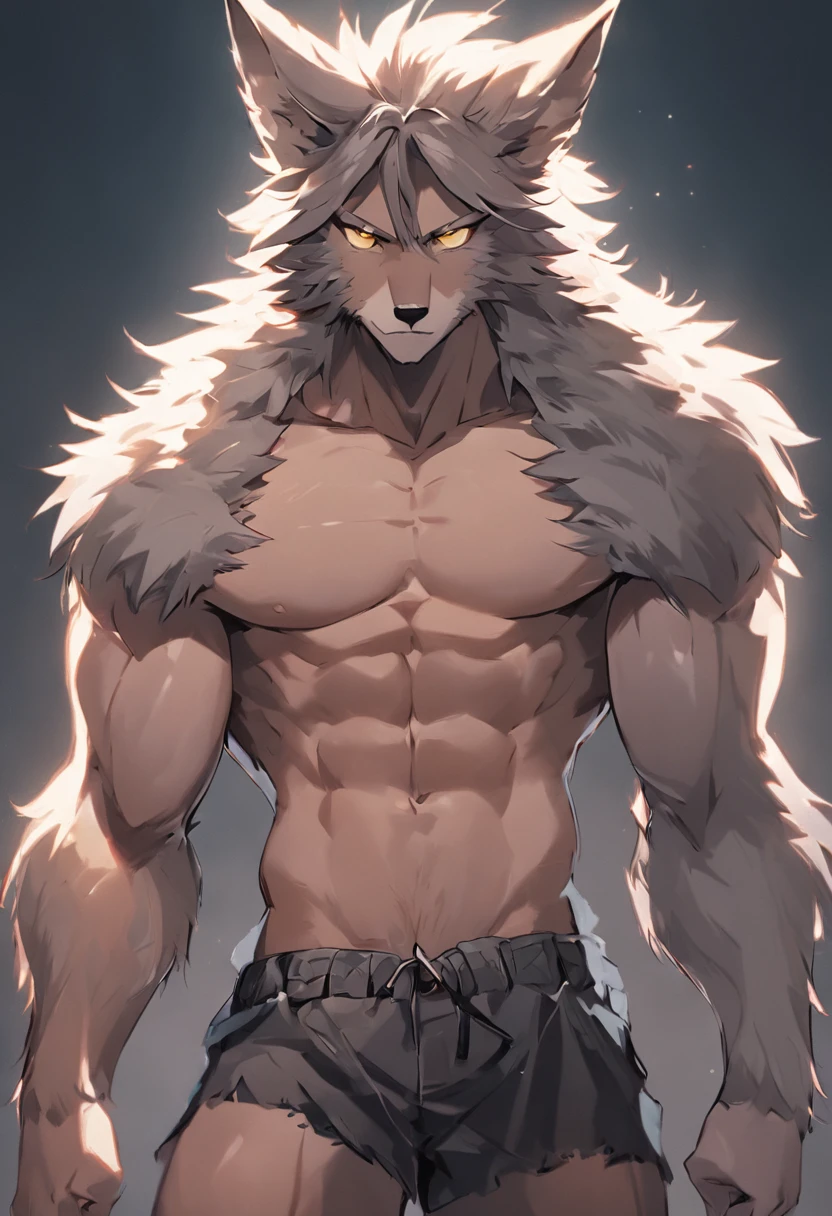 4K, high resolution, Best quality, Masterpiece, perfect colors, perfectly shaded, Perfect lighting, posted on e621, (by Chunie), Furry, anthro, Furry art, ((Portrait)), Male wolf, gray wolf, (two-toned fur), hairy bodies, Yellow eyes, (Seductive look:1.2), fit body, perfect male figure, Wear men's shorts,Abs,musculature,Detailed fur, Detailed face, Perfect face, (The stands up), Detailed background, ((Bonifasko lighting)), Wolf tail, (Detailed eyes), perfect pupils