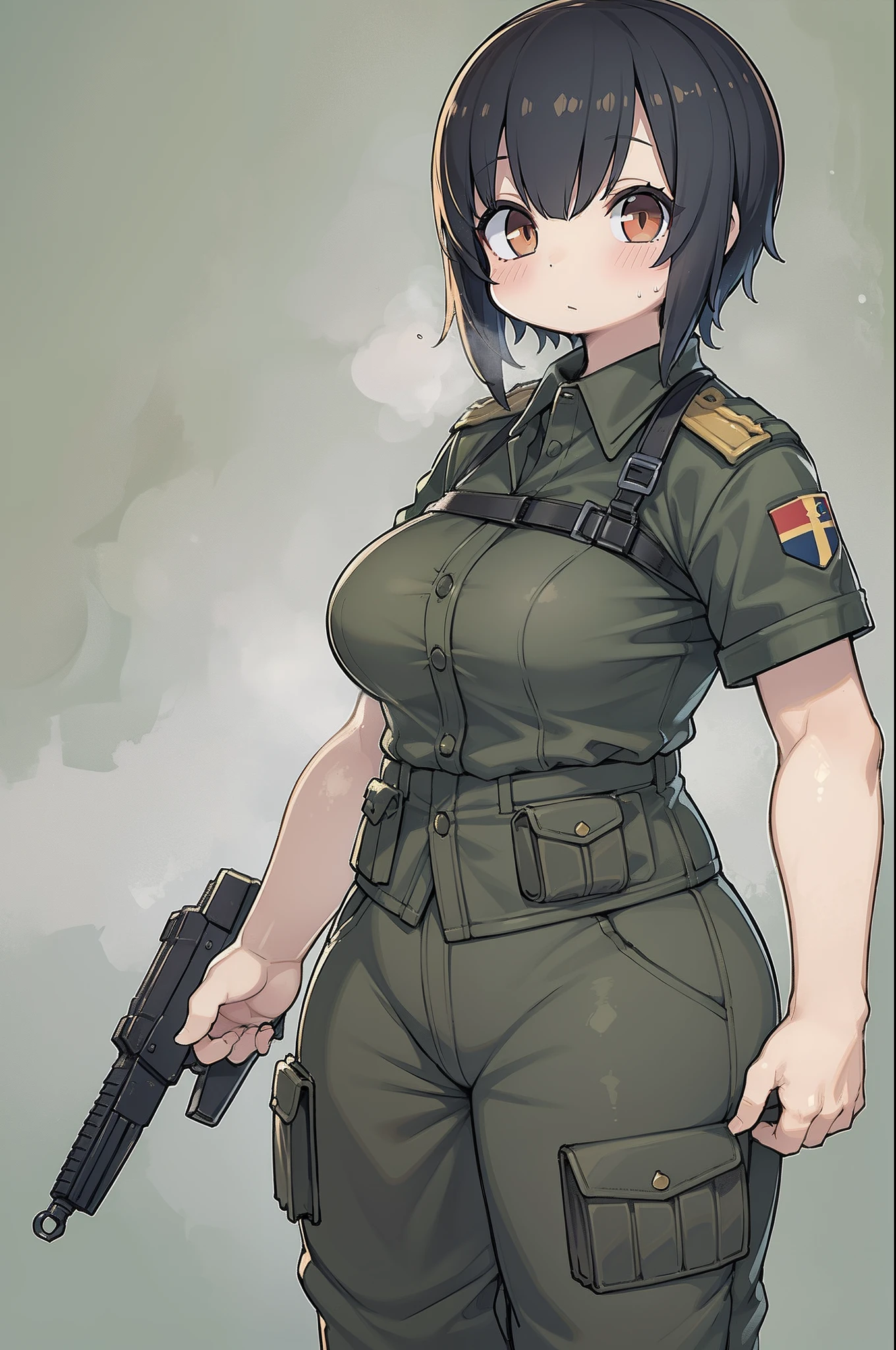 ((masterpiece, highest quality:1.3)),cowboy shot,20 year old beauty,female soldier,solo,((very small head)),dark purple hair,short bob hair,blunt bangs,purple eyes,blush,medium breasts,((very long body,slender body)),skinny,gleaming skin,oily skin,sweat,((Army officer in uniform、Stand-up collar jacket、mini skirt))、barefoot、saber、at night、Moonlight shining in、taisho steampunk、Tokyo in the Taisho era、