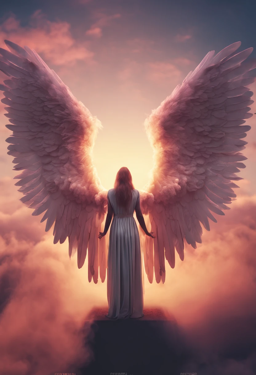 Full body angel with stretched wings in heaven