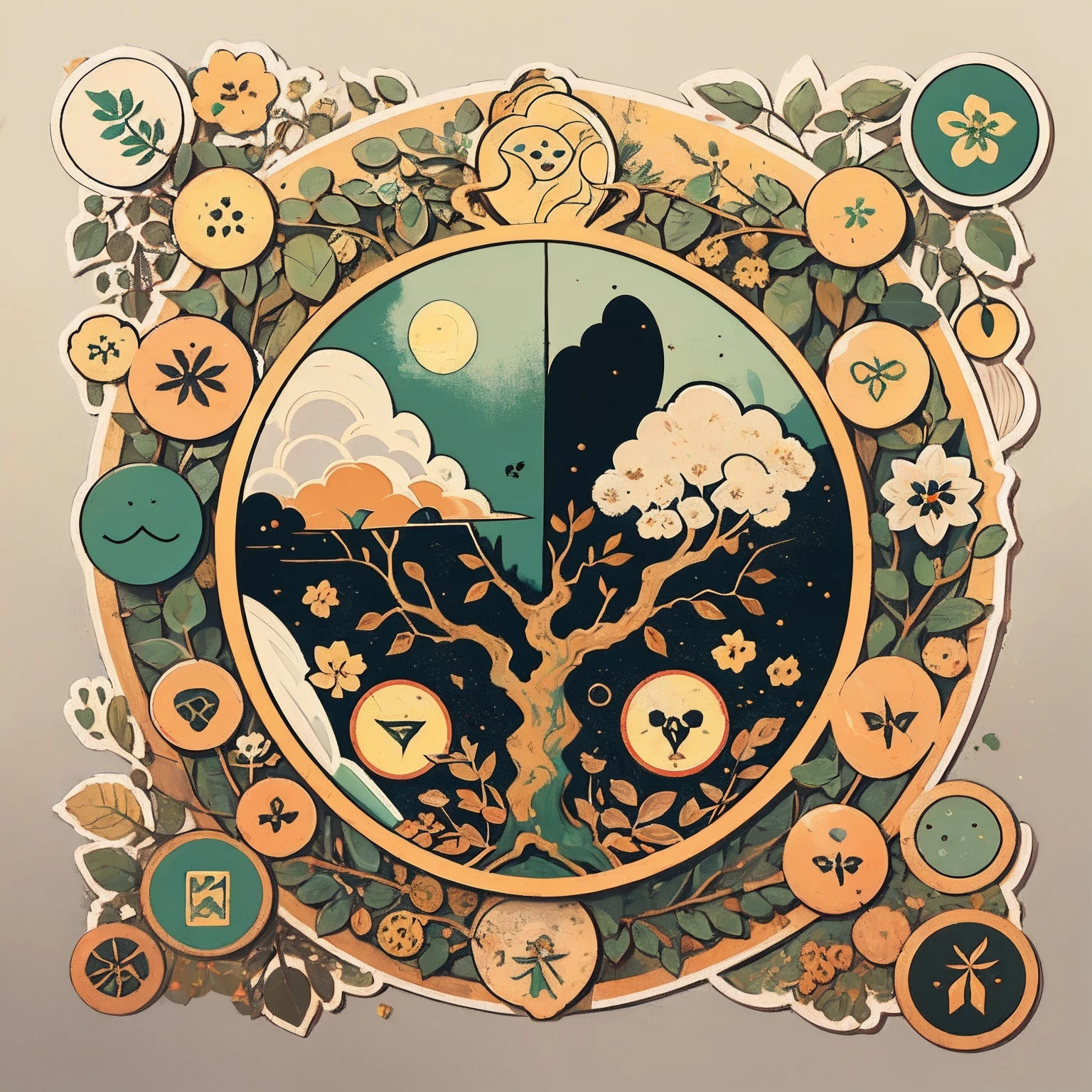 1sticker,a sticker, Nikkaze,(A tree full of gold coins),(Brilliant décor),(Fortune cicada),(Traditional coats of arms),gold coins,Golden branches and jade leaves,Background brushstrokes in ink style,water ink, white backgrounid, nothing background, simple backgound, dk, badges,logo, pastel colour, vectorstyle, no gradien