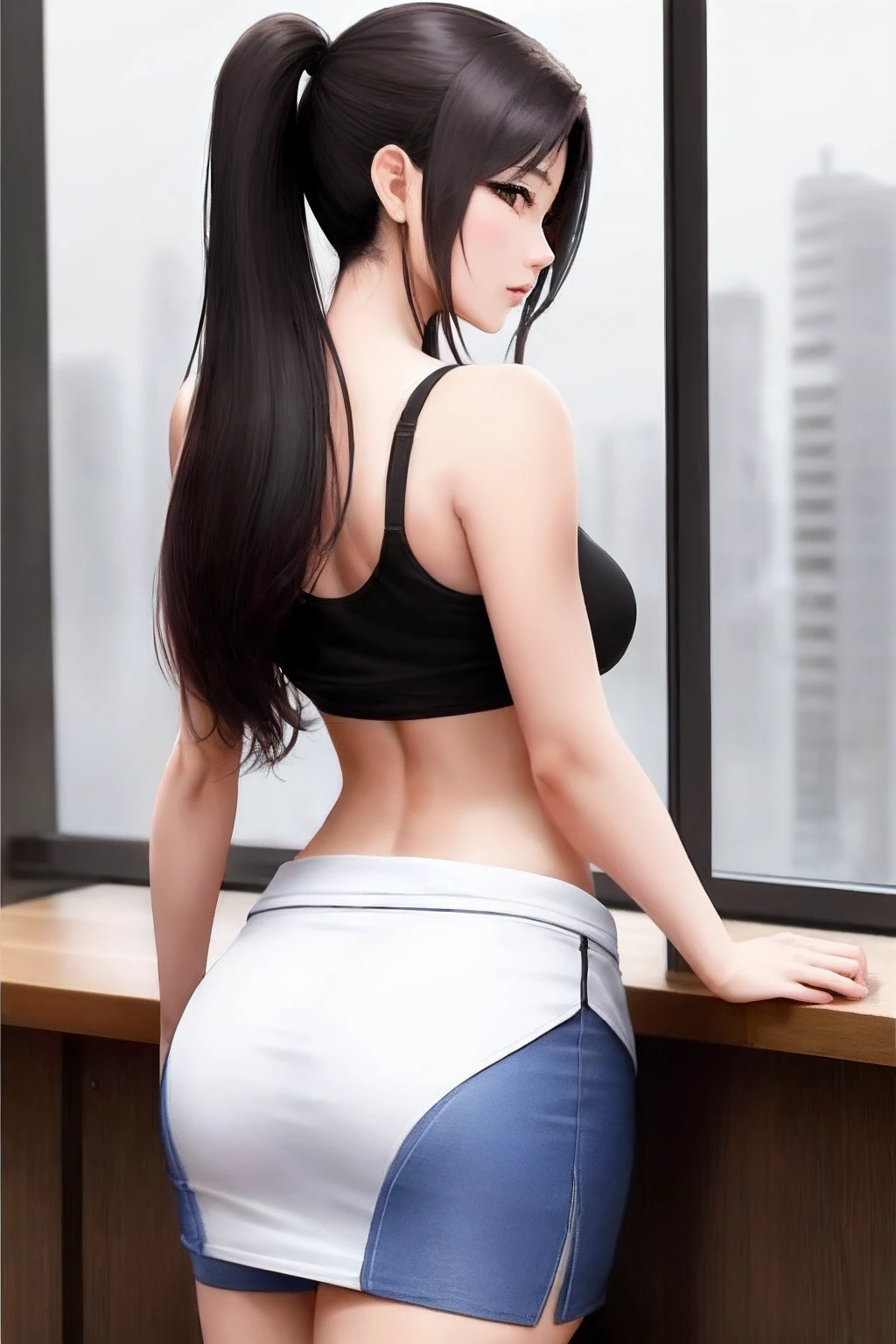 ((((masterpiece)))), high quality, very_high_resolution, large_filesize, full color, blue eyes, black hair, thigh high socks, white shorts, crop top, white shirt, slim body, pony tail