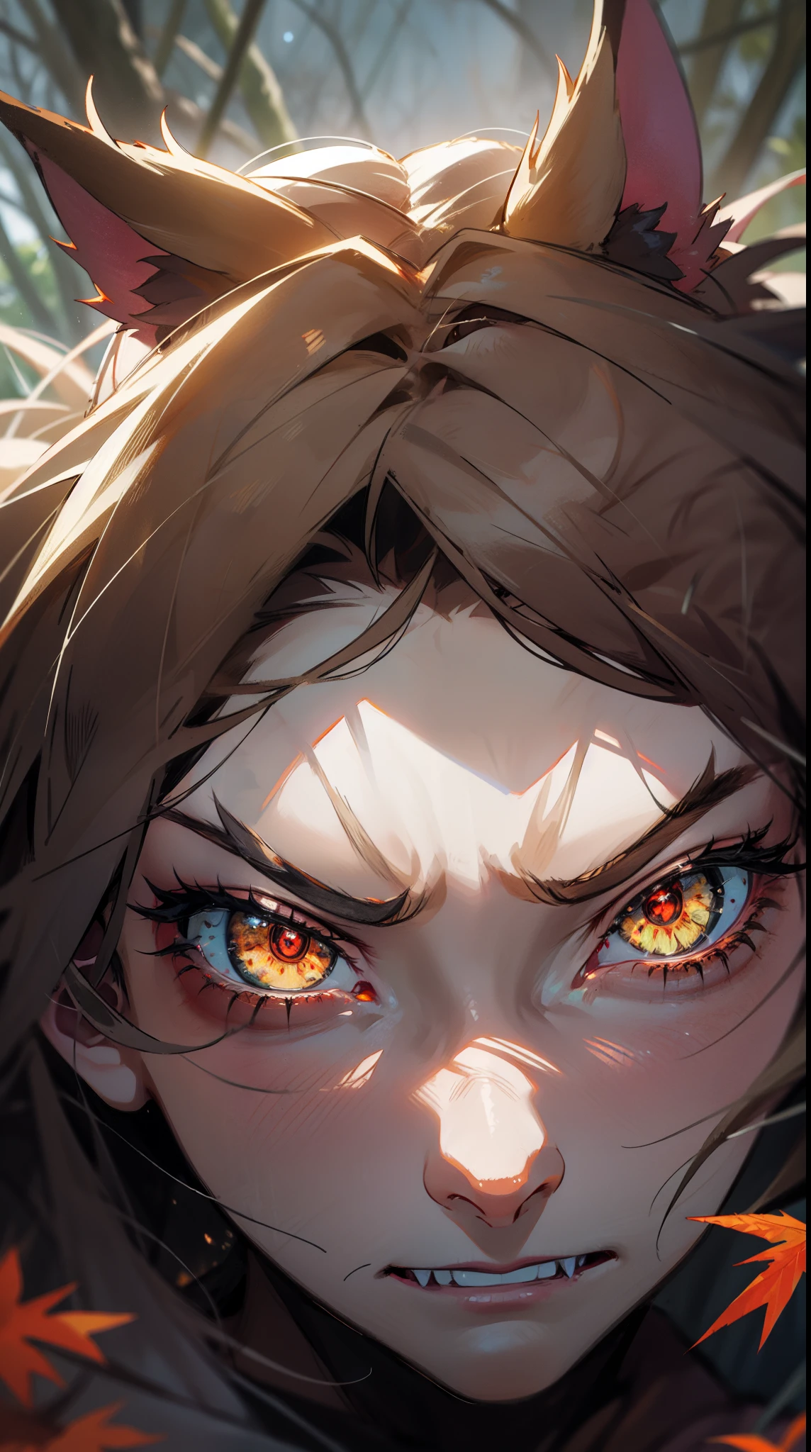 ((masterpiece)), best quality, 8k, high quality, high resolution, super detailed, ultra detailed, photorealistic, ferocious and finely detailed face and eyes, ultra detailed and detailed skin texture, feral eyes, perfect face, 1 girl, wild crimson hair, (feral attire), amber eyes, (bestial aura), surrounded by eerie forest shadows, holding a cursed blade, fierce expression, ((feral snarl)), night, haunted woods, rustling leaves, primal ambiance, (howling winds), (eerie growls), since ancient times, Oni, feral eyes, background of haunted forest.