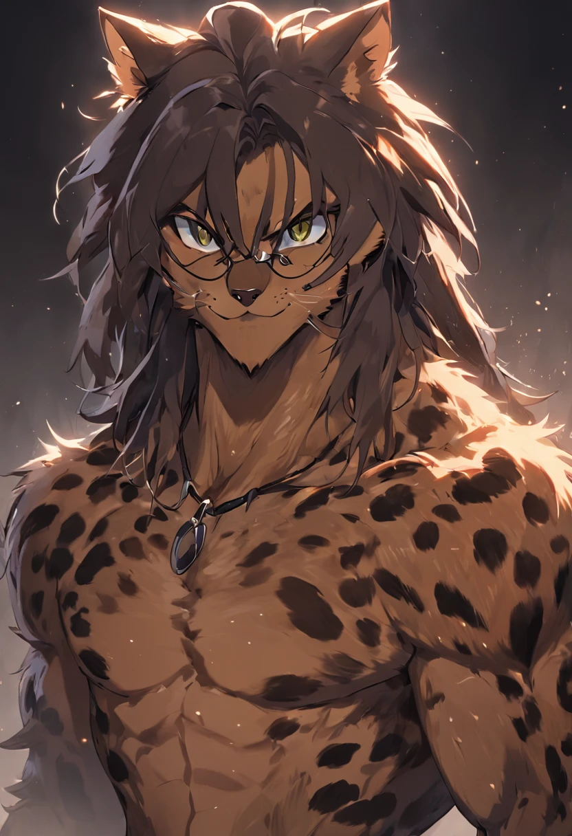 4K, high resolution, Best quality, Masterpiece, perfect colors, perfectly shaded, Perfect lighting, posted on e621, (by Chunie), Furry, anthro, Furry art, ((Portrait)), Male leopard, black panther, Long bi-tone hair，（eye glass），hairy bodies, Yellow eyes,  perfect male figure, （Suits）,Detailed fur, Detailed face, Perfect face, (The stands up), Detailed background, ((Bonifasko lighting)), coda, (Detailed eyes), perfect pupils