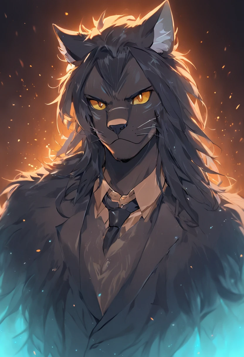 4K, high resolution, Best quality, Masterpiece, perfect colors, perfectly shaded, Perfect lighting, posted on e621, (by Chunie), Furry, anthro, Furry art, ((Portrait)), Male leopard, black panther, Long bi-tone hair,(eye glass),hairy bodies, Yellow eyes, perfect male figure, (Suits),Detailed fur, Detailed face, Perfect face, (The stands up), Detailed background, ((Bonifasko lighting)), coda, (Detailed eyes), perfect pupils