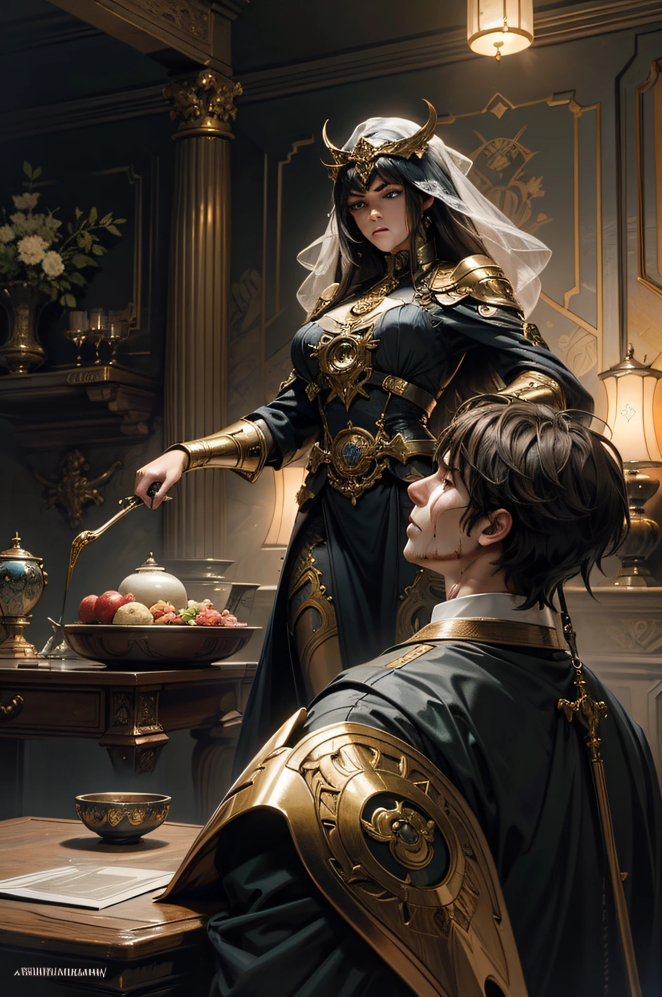 Collaborative digital art: Conceptual creation inspired by Artgerm, Greg Rutkowski, andAlphonse Mucha. Scene: Dimly lit environment featuring two characters. Character 1, abeautiful woman, holds a black water vessel and gazes down from above at a man on a bedwho's coughing up blood. The woman's expression carries a sense of fierce intent, Theighting is subdued, highlighting intricate details. Embrace the concept: Artaerm, GrecRutkowski and Alphonse Mucha's stvles combined.
