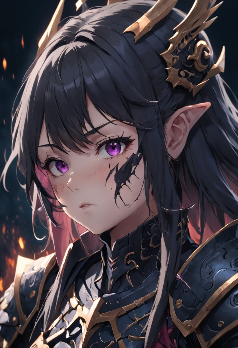 A highly detailed portrait of a female warrior dressed in intricate black plate armor,The face is bruised, Mysterious dark nature background, high resolution, 4K, 8K