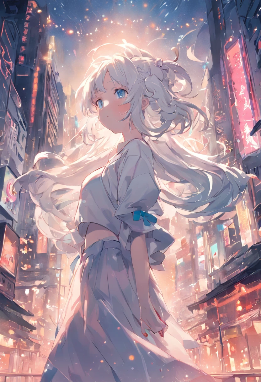 White color hair,Double ponytail curls,blue color eyes,White Lolita,Beth,A bustling city street