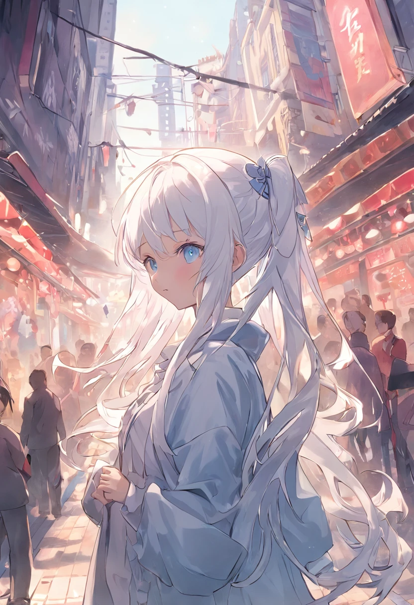 White color hair,Double ponytail curls,blue color eyes,White Lolita,Beth,A bustling city street