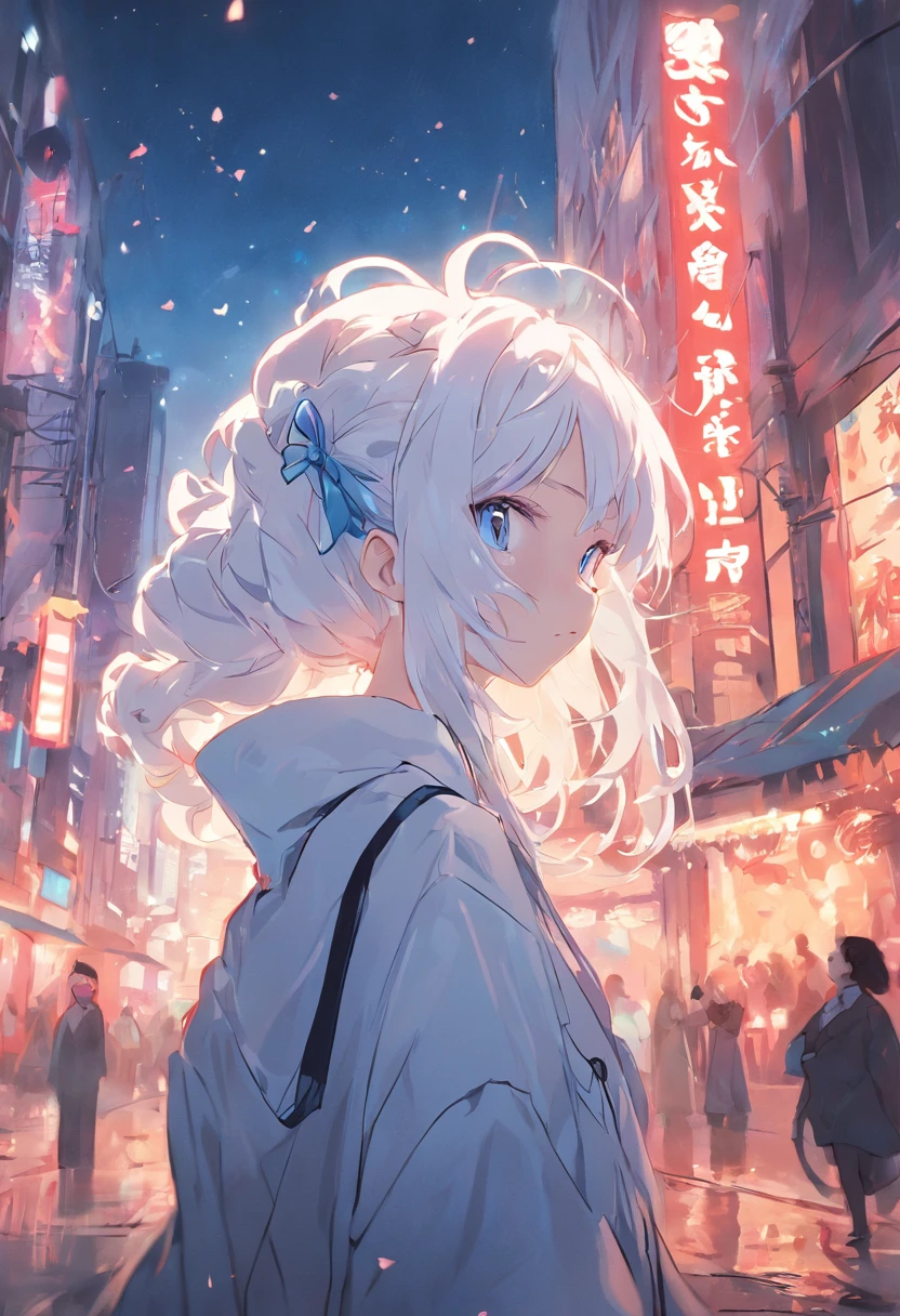 White color hair，Double ponytail curls，blue color eyes，White Lolita，Beth，A bustling city street