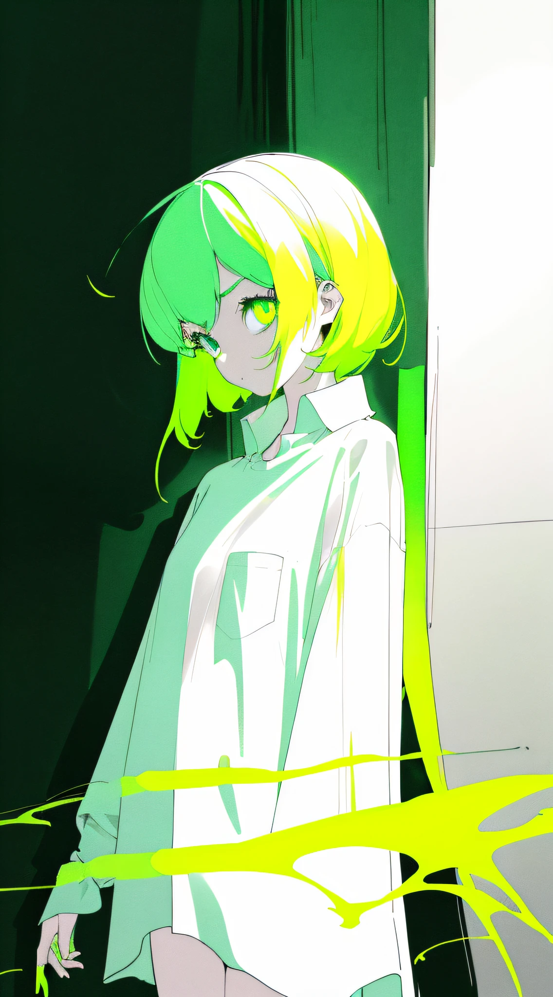 masterpiece, top quality, highest resolution, 1girl in 8years old, (white oversized shirt:1.3), (pale green hair with a lot of fluorescent colors), (delicate fluorescent green eyes:1.4), (a corner of a dark room), (fullnude:1.0), (highcontrast:1.1), best light and shadow,