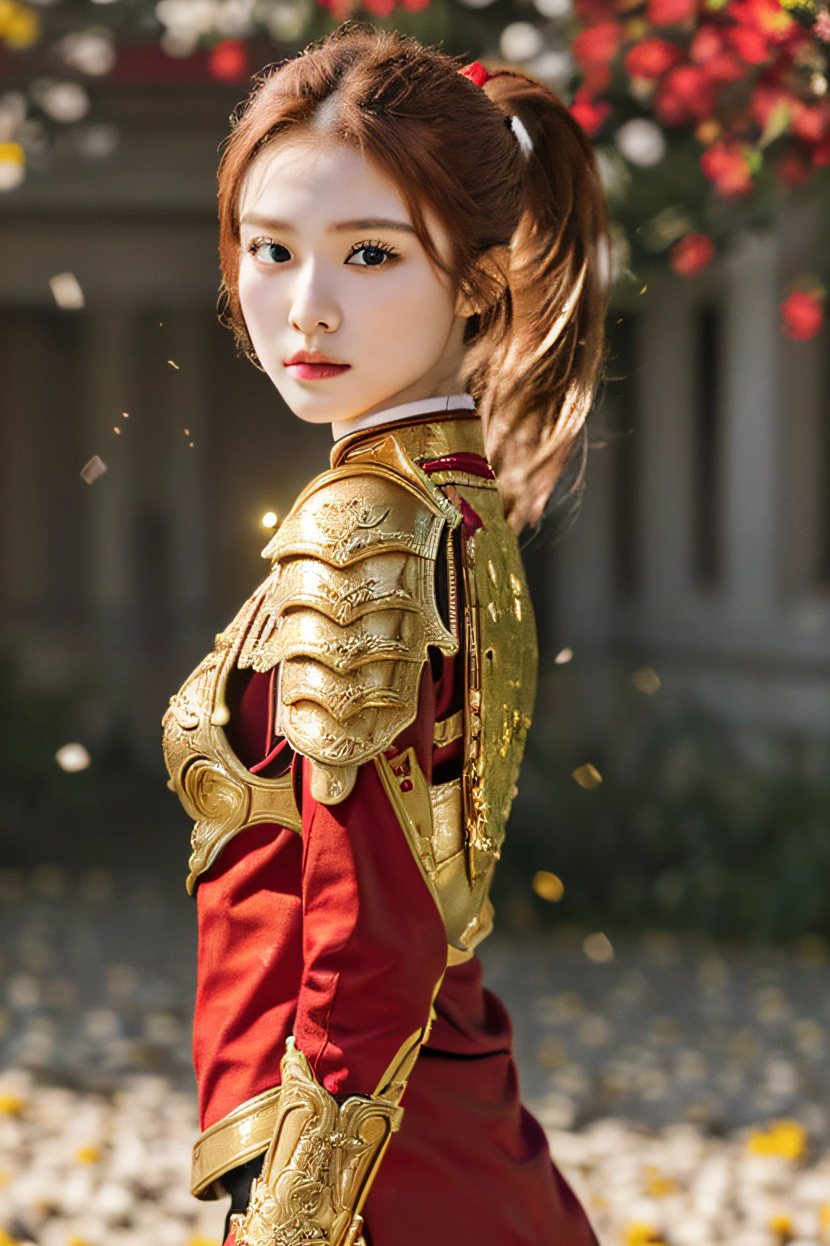 18 year old girl, korean, (8K, best quality:1.2), (masterpiece:1.37), (photo, photorealistic:1.37), (ultrahigh-res), full body, walking pose, shot from front, slow motion, female warrior wearing the full body, (golden and red accent armour:1.2),(ornately decorated armor), (insanely detailed, bloom:1.5), (highest quality, concept art, 4k), (analog:1.2), (high sharpness), (detailed pupils:1.1), detailed face and eyes, Masterpiece, best quality, (highly detailed photo:1.1), (long blonde Hair, ponytail,ecstatic:1.1), (young woman:1.1), sharp, (perfect body:1.1), realistic, real shadow, 3d, (temple background:1.2), photographed by Canan EOS R6, 135mm, 1/1250s, f/2.8, ISO 400, (brown hair, red highlight hair, ponytail), (face front), model pose