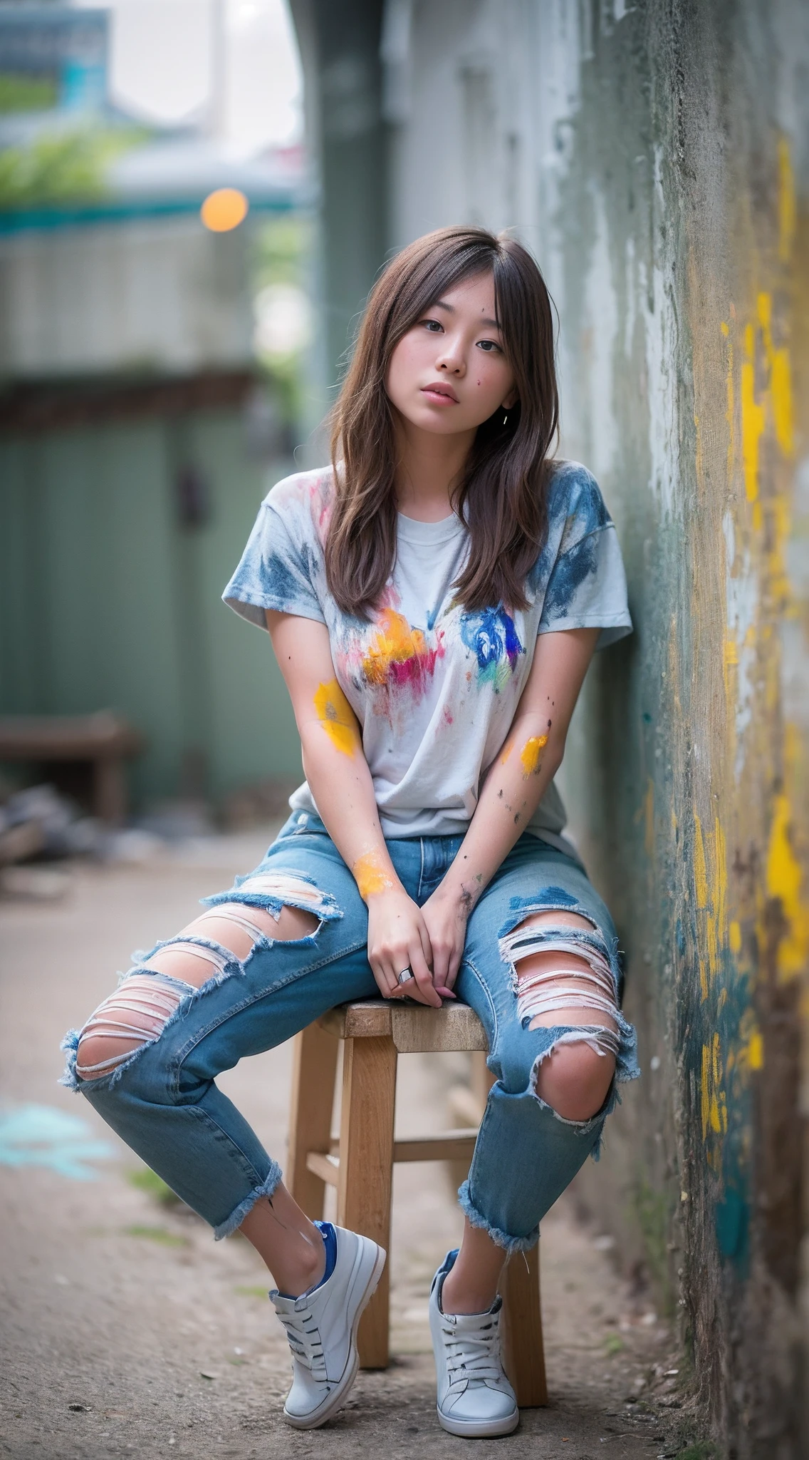 Alafed woman in paint stained t-shirt, the whole body is stained with paint, 2 female model, Denim stained with paint, photo of slim girl model, Kobo、taken with canon eos 5 d mark iv, taken with canon 5d mk4, Shot with Canon EOA 6 D Mark II, sakimichan hdri、atelier