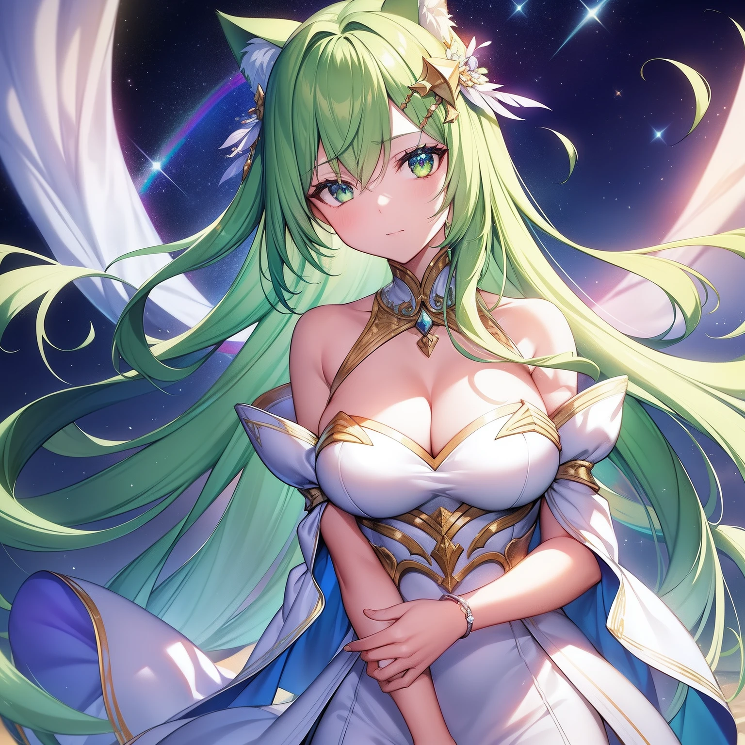 Green hair and cat ears,Place a golden picture frame, She wears modest white clothes and restraints, She has a rainbow-colored spear on her chest, A night of sparkling rainbow Milky Way and hopeful lights, Iridescent Crystal Gemstones, Is pale skinned,She opened her mouth、Laugh with a mischievous look, She enveloped love like a snake in the interstellar wind, Highest Quality, She wears a rainbow cloak and feather ornament((agitation)),The face of the big picture, Countless blue light swords illuminate her back,Blade of Light,Countless shooting stars,Lens Flare, Big rainbow,The big moon will illuminate your back,Star chips, bloom, ((light glow)), chromatic abberation], Digital Painting, Insane details, Intricate details, Beautifully color graded, Unreal Engine, Cinematic , colour grading, Editorial Photography , Photography, Photo Shot, Shot on 70mm lens, depth of fields, degrees of freedom, Tilt Blur, Shutter Speed 1/1000, F/22
