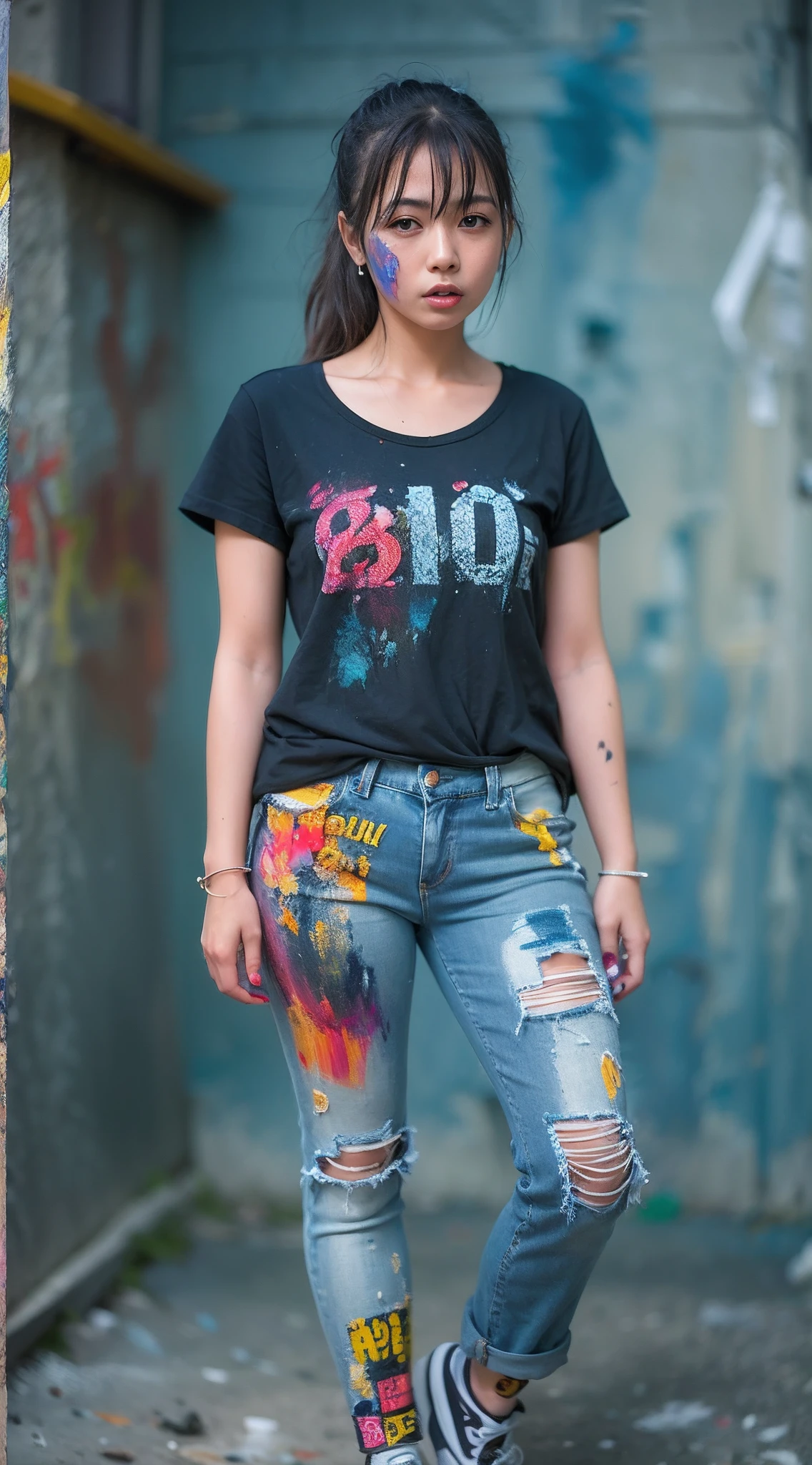Alafed woman in paint stained t-shirt, the whole body is stained with paint, 2 4 years old female model, Denim stained with paint, photo of slim girl model, Kobo、taken with canon eos 5 d mark iv, taken with canon 5d mk4, Shot with Canon EOA 6 D Mark II, sakimichan hdri、atelier