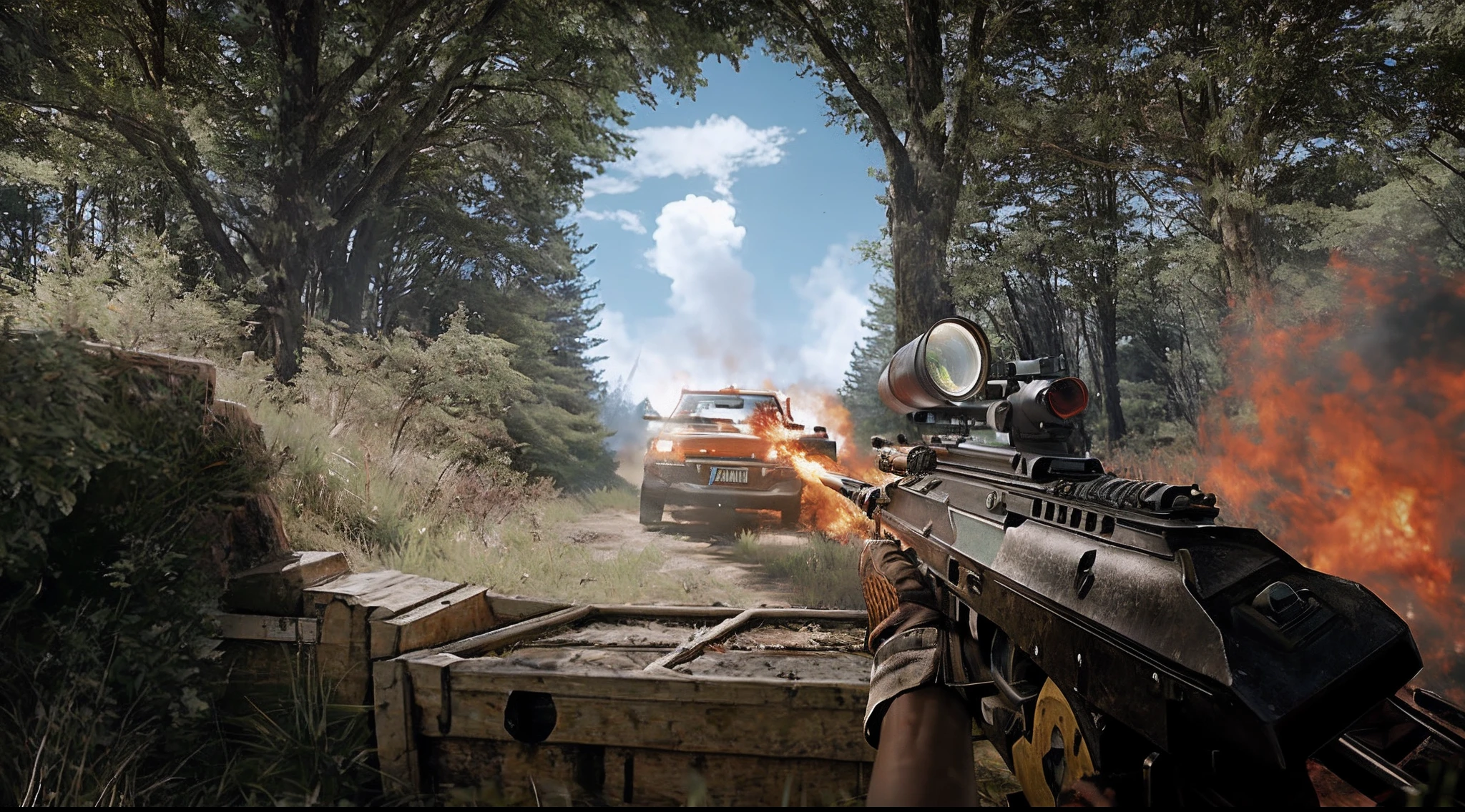 Alafeld gun in front of a car in the forest, fps view, Red flames erupted from the muzzle,in pubg, fps game, award - winning shot, award-winning shot, gameplay still, video game screenshot>, squad fighting enemy, central shot, realistic lens, realistic scene, screenshot from an fps, looks realistic, first person perspective, Ultra-realistic graphics