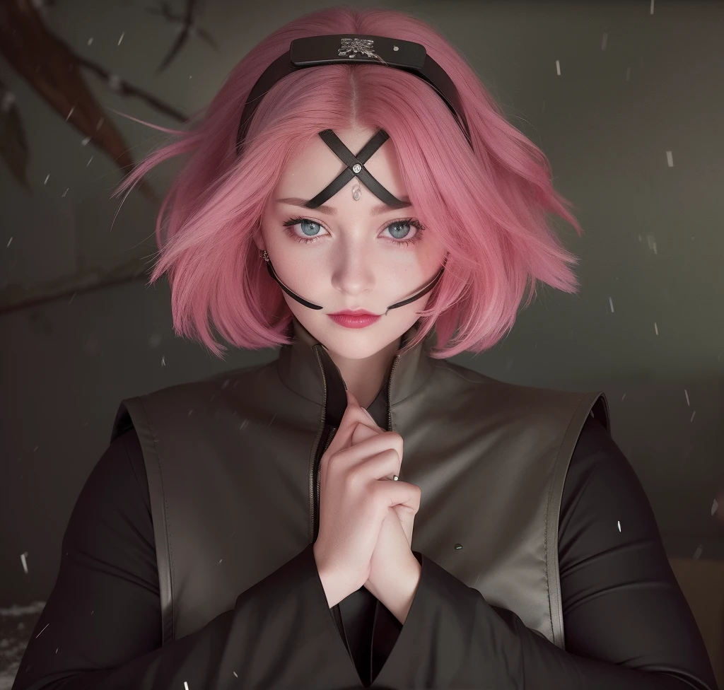 Sakura haruno. A woman was out in the middle of the night. Her hands were in front of her clenched chest. He was seen wearing a plain long black shirt with a dark green vest. He looked intently into the camera. With a pink hair that looks swollen and uneven at the end of the harness. His skin was as white as snow. With her rosy cheeks. And her little bright-red lips. She looks so firmly beautiful and realistic