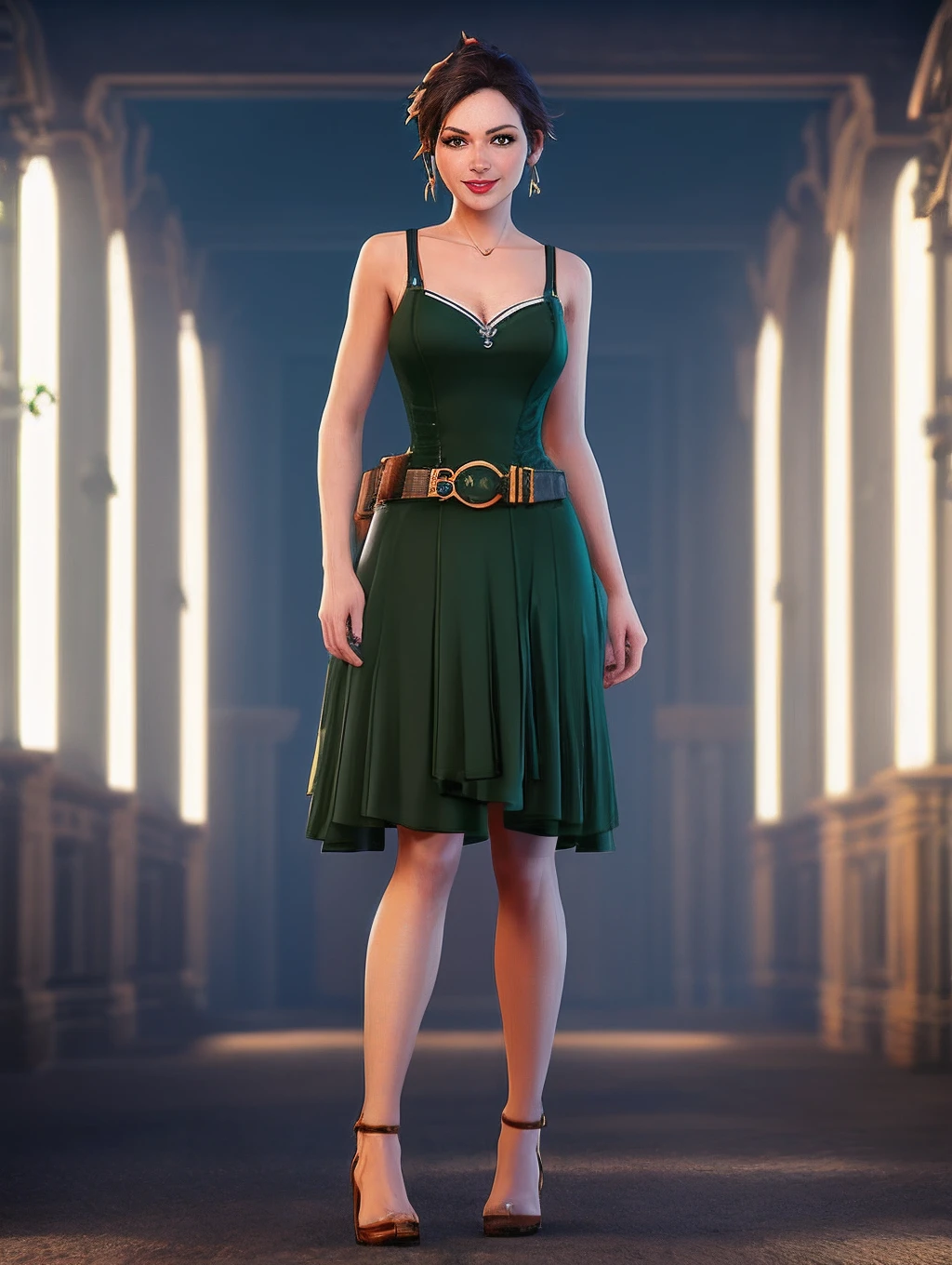 A stunning full body portrait of a magical fantasy，A steampunk woman in a dark green dress, The low-cut neckline accentuates femininity, Small ears, Brown hair, Smiling happy, Dynamic pose, DnD, fantasy, Extreme detail, 4K, Ultra HD, trending on artstationh, Polished, Radiant, vibrant, Backlight, 8K Ultra HD, Unreal Engine 5 potions, intricately details, 3D video rendering