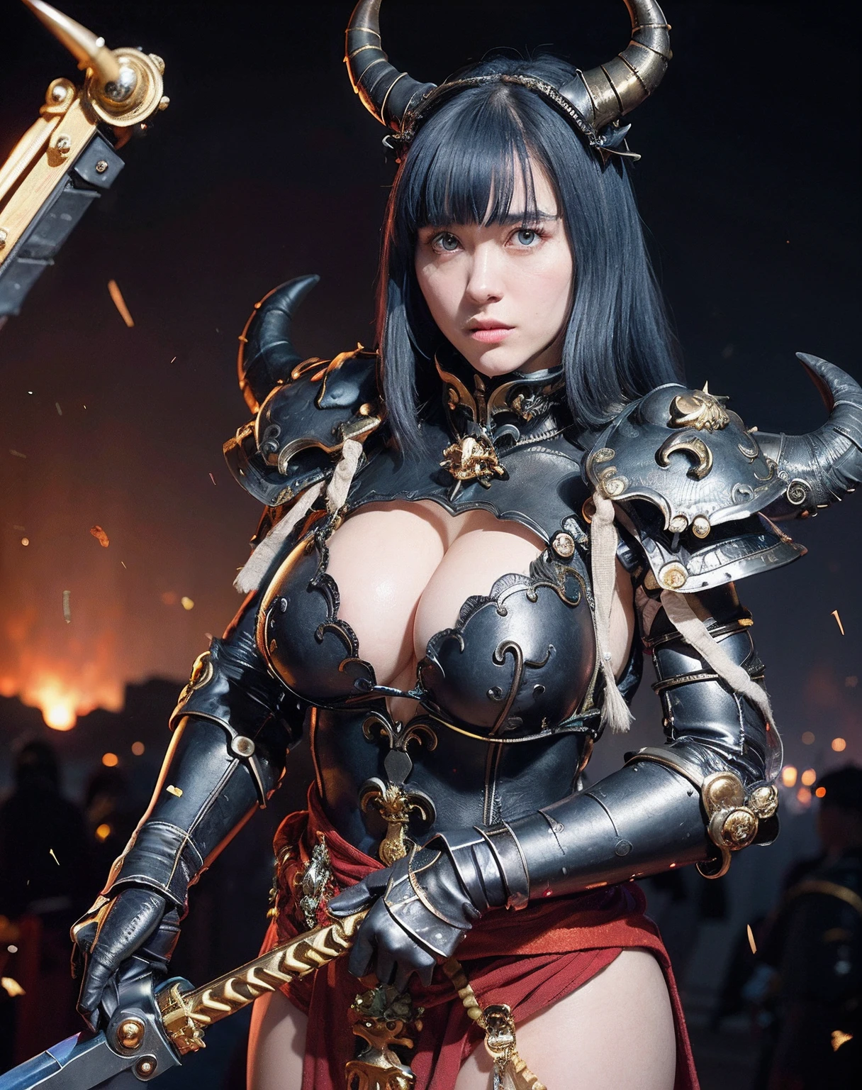 (masutepiece), Professional , masterpiece、top-quality、photos realistic , depth of fields 、(Gemstone Black Metal Body:1.9),(Matte Black、(cleavage of the breast)、Dragon Gold Weapon(Dragon Metal Body:1.4),Gorgeous gold weapons ,(Intimidating look)、(( Dragon's dense and gorgeous sword)) , Ultimate Beauty ,warhammer 40k , adepta sororitas、((Blue hair))、(Castle background)、The dragon、((Gangle's forest background))、Beautiful Caucasian beauty、(1a person)、dynamic ungle,(((Details of the two demon horns on the head)))、Smaller head、A smile、Castle background、Thin and beautiful female hands、cleavage of the breast、Soldier in iron armor on background、Mystical expression、Light Effects、Wind-effect、magic circles、With the legendary magic wand、(demonic wings)、(Blue hair)、(1 persons)、Battle Look、Anatomically correct body、Toostock、Toostock、