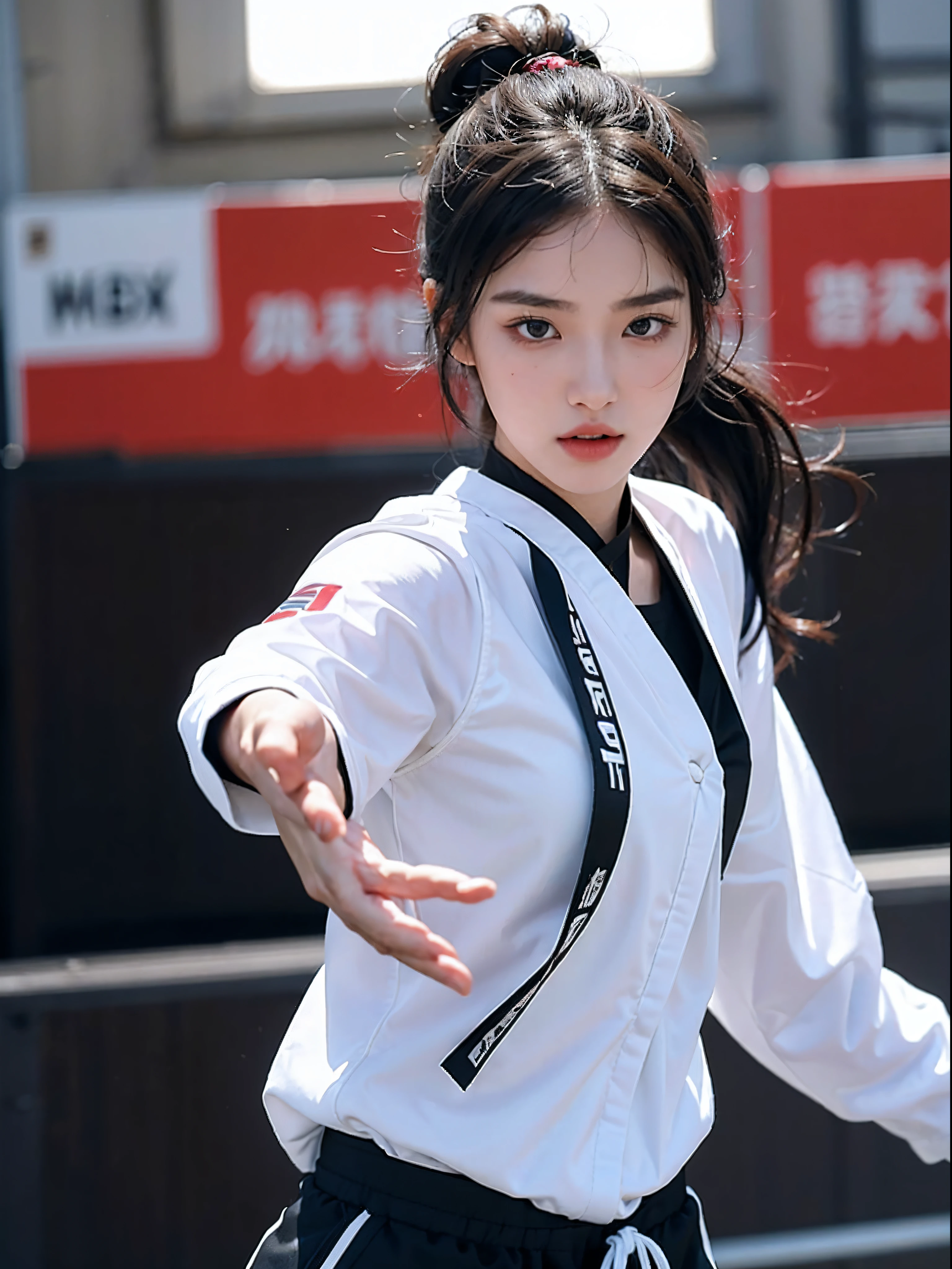 1girl, 175cm,korean model, 23 years old,soft body, black hair, wavy hair,whole body,tied hair,hair tied up, hair reaches waist, black choker,taekwondo uniform , taekwondo suit,half undressed,close-up, 8k, RAW photo, best quality, masterpiece,realistic, photo-realistic,seductive,((performing butterfly kick)),practicing taekwondo
