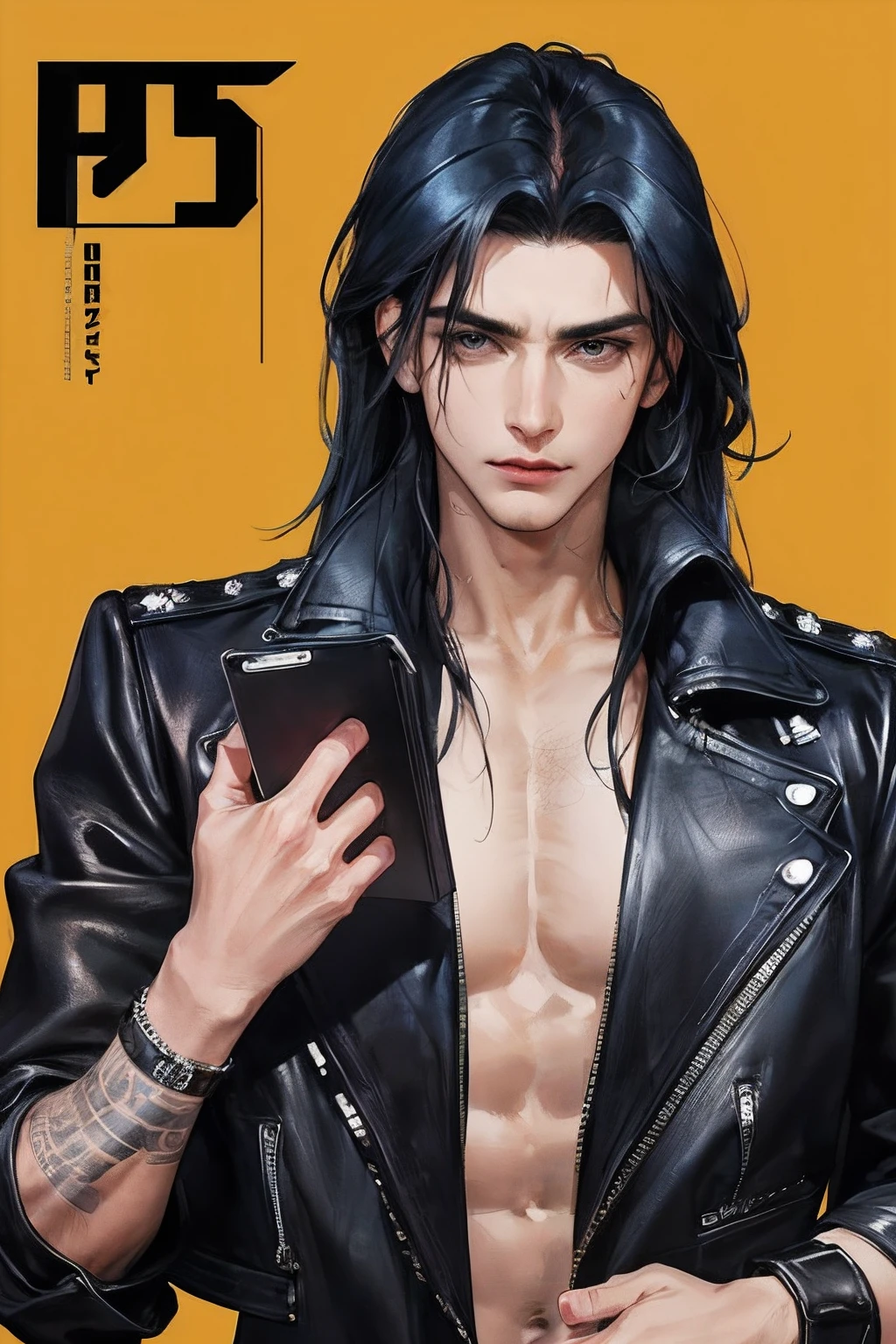 cover for a book, photography of a heavy metal star, a solo man, (((man))), (masculine face), 25 years old, singer, bad boy, (black eyes), expressive look, long dark blue black hair, (((bar background))), straight hair, blueshine hair, unshaven, black leather jacket, long sleve jacket, leather pants, chest tattoo, super detailed face, perfect body, perfect shapes, perfecto hands, realistic image, award winning photography, 8k,