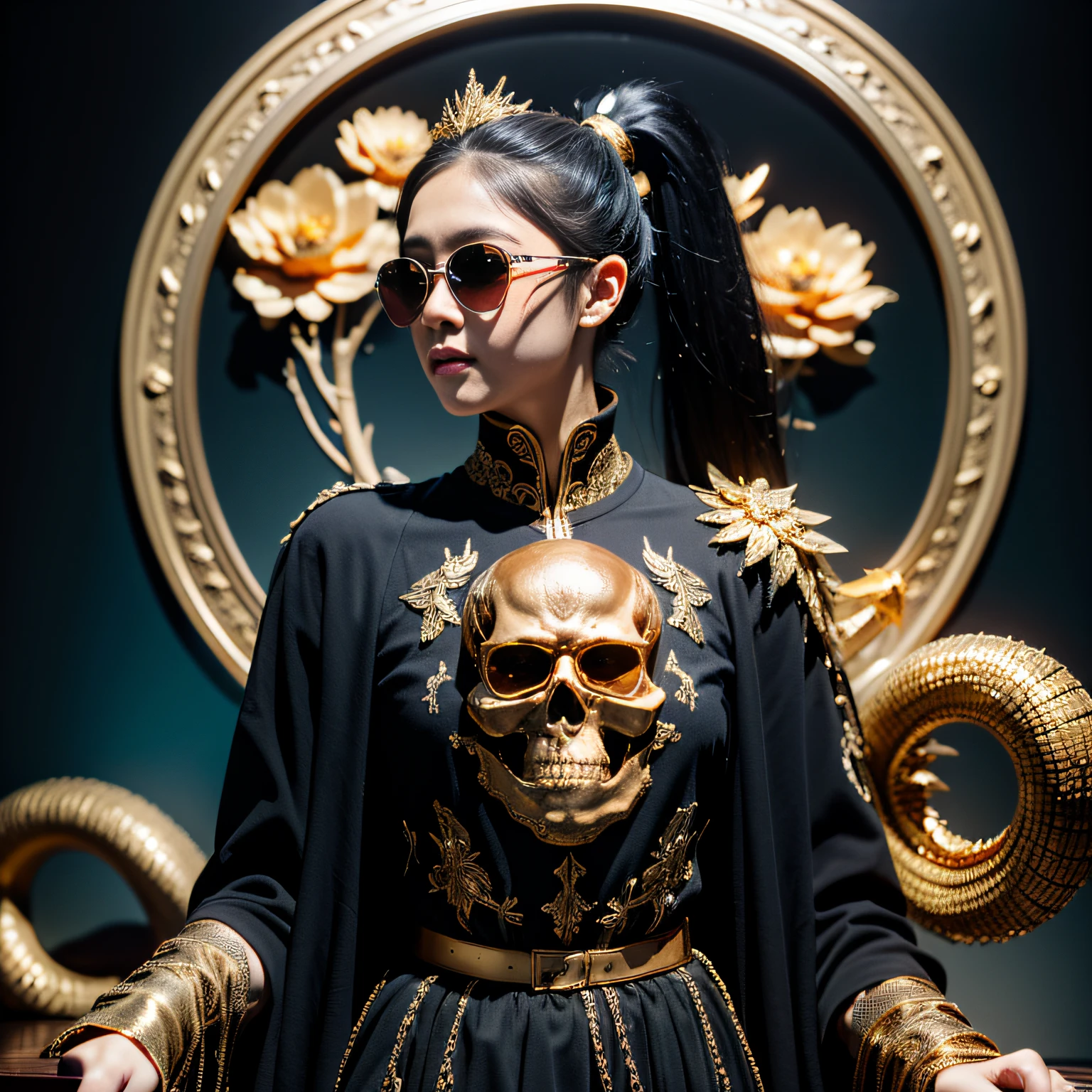 Carp pond，32K（tmasterpiece，k hd，hyper HD，32K）Burgundy double ponytail，flower stick，Indigo Skull King ，Hold the heavy wooden steering wheel （The skeleton is realistic：1.4），Crocodile pattern robe，Rusty skull ornaments，Sargin flax red and black cloak，Petals flutter，Deep gold sunglasses，Hold your head high，Be proud，The nostrils look at people，A primary and secondary school student， A high resolution，Xueba， the detail， RAW photogr， Sharp Re， Nikon D850 Film Stock Photo by Jefferies Lee 4 Kodak Portra 400 Camera F1.6 shots, Rich colors, ultra-realistic vivid textures, Dramatic lighting, Unreal Engine Art Station Trend, cinestir 800，Hold your head high，Lateral face，Be proud，The nostrils look at people，Tsundere，Petals flutter，Petals flutter，Crocodiles sprinkled with gold dust，Fluttering，Impeccable，( reasonable design, Clear lines, High sharpness,Best quality, Very detailed skeleton, The skeleton of a masterpiece, offcial art, movie light effect, 8K crocodile skeleton（（（Platinum marble sunglasses）））Deep gold sunglasses，side portrait