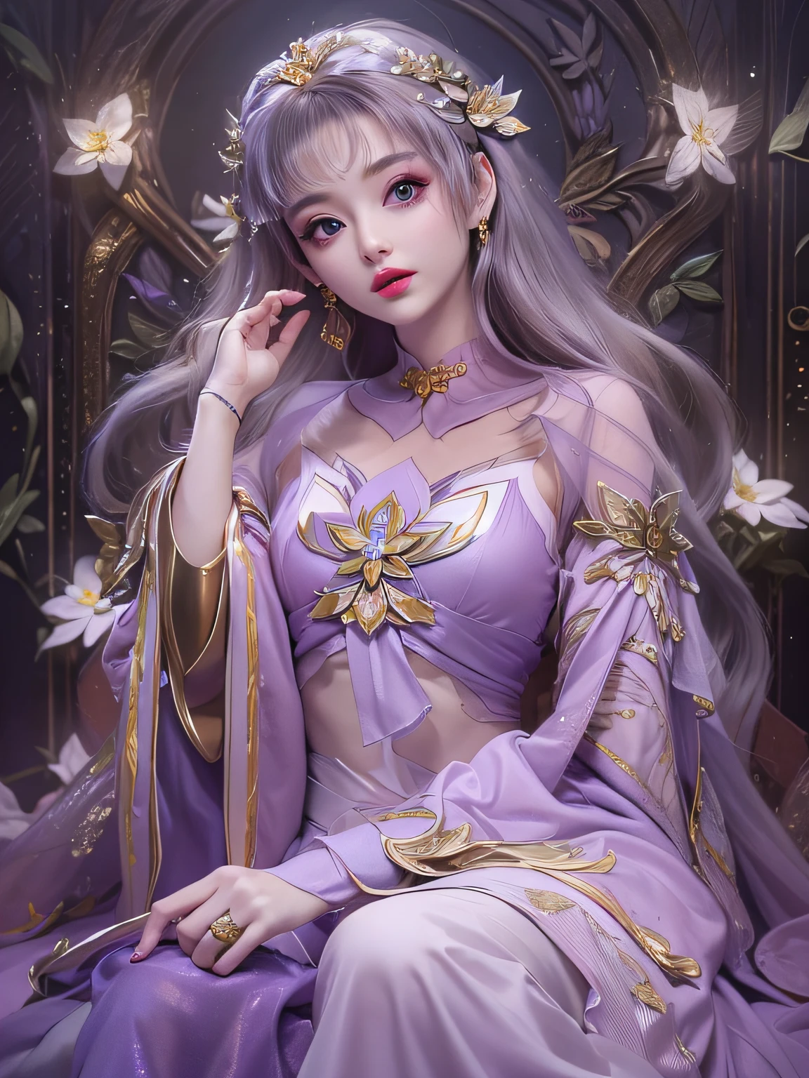 1girll,(enchanced quality:1.4),(Top quality true texture skin), Delicate face,Black hair, Gradient hair, Petite body,(perfect bodies:1.1), There are precious stones on the forehead, rimless eyewears, Sparkling pupils,long eyelasher,grin, hyper photorealism, Cinematic lighting, projected inset, surrealism, hyper HD, Masterpiece, 16k,Lie down,dream on,Wear transparent silk pajamas,Carmelto,Legs slightly open,Tattooed with,Fantasy space,Luxurious space