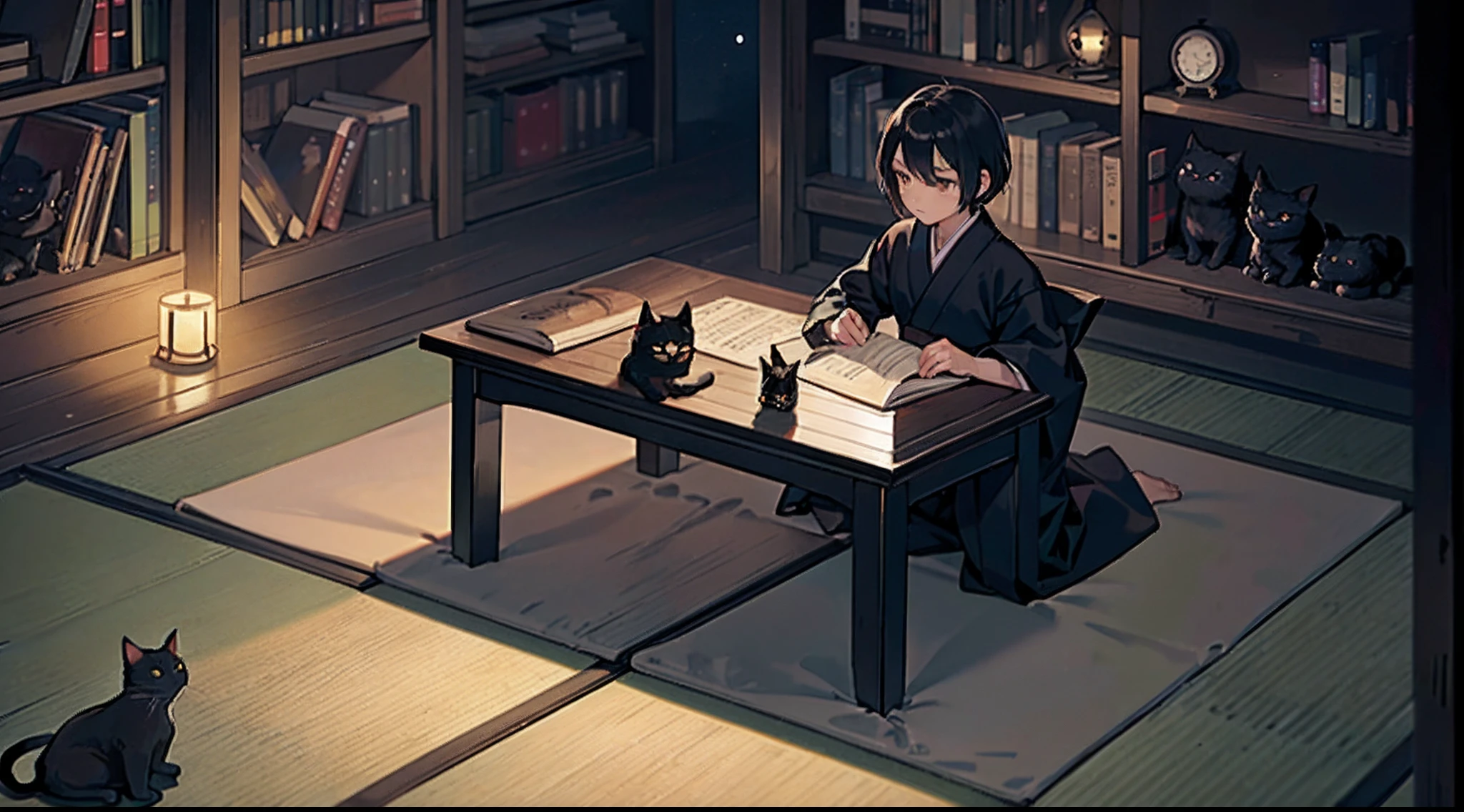 #night sky (darkness of night,no light),
#one writing boy (16 male、Honor Students、A dark-haired、short-hair、hakama,sit flat),
#black room at night (no light,black cat,wooden low table,one candle,pretty tatami,a lot of books,bookshelf)