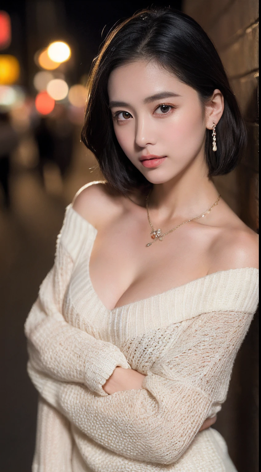 ((Realistic lighting, 8k, top quality, masterpiece: 1.3)), (Realistic, Sharp Focus: 1.2), Raw Photos, Very Delicate and Cute Japan Girl: 1.4, (1 girl)), Perfect style, Super Detail, High Resolution, White Long Pants, (Long Sleeve Sweater, Off Shoulder: 1.1), (Black Hair, Short Hair, Layer Cut: 1.2), cleavage, (Big, Full Body: 1.3), Highly detailed face and skin texture, highly detailed lip texture, beautiful detailed eyes, face light, nose blush, shiny lips, eye makeup, slender abs: 1.2, necklace, earrings, street, outdoor, night, realistic shadows