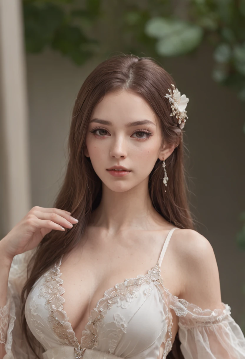 1girl, long_hair,upon body, hair ornament, necklace, jewelry, long hair, earrings, highres,Beautiful face,detailed beautiful eyes,detailed eyelash,huge breasts, skinny body,(8k_wallpaper), Intricate and refined delicate details,no underwear, ( beautiful_mistake-6500:0.1),see-through clothes,