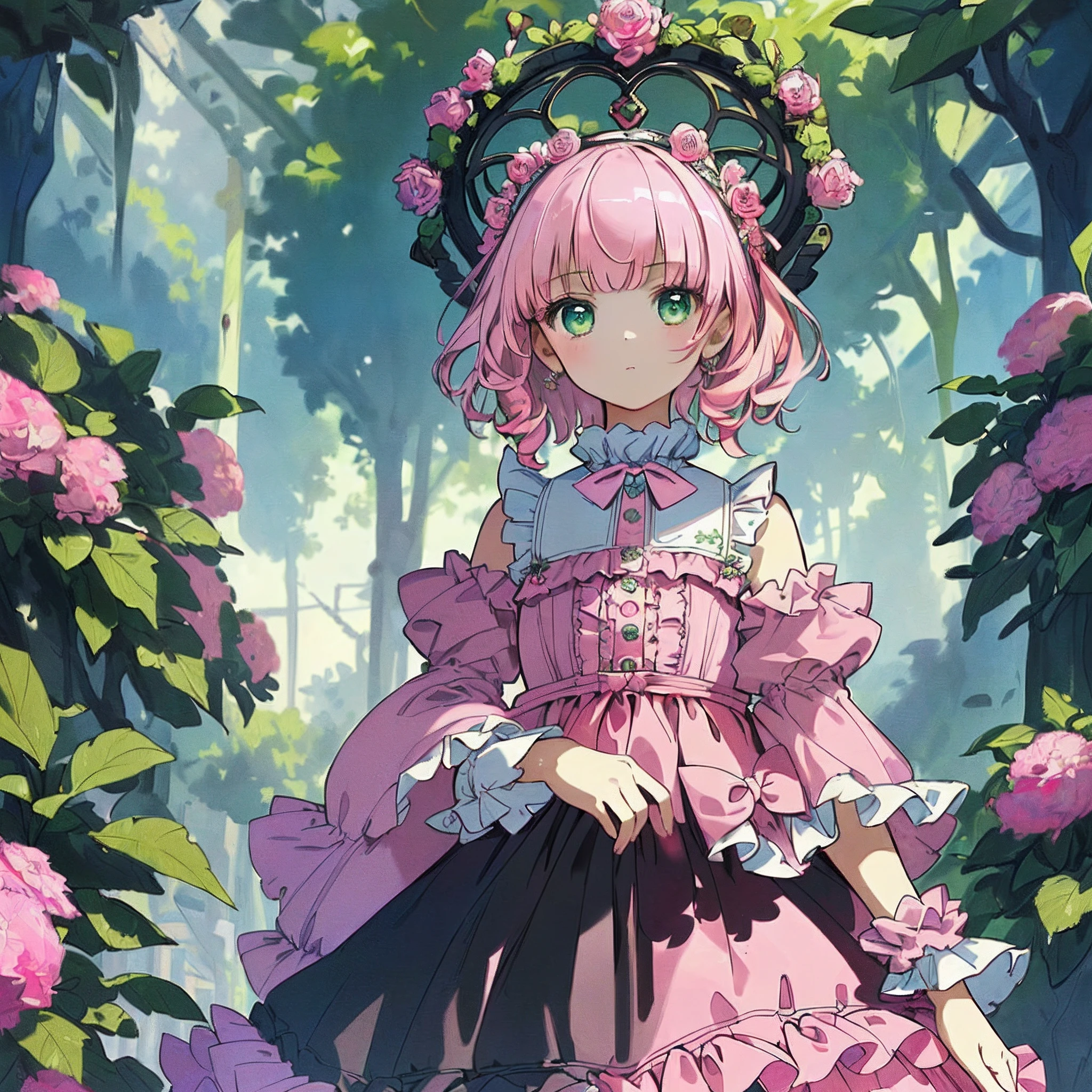 (Masterpiece, Absurd quality, Best quality, offcial art, Beautiful and aesthetic:1.2), (1 :1.4), extreme detailed details,highest details,a baby face,(pink frilled dress))), pink short hair, Beautiful and delicate green eyes, glaring at viewer,