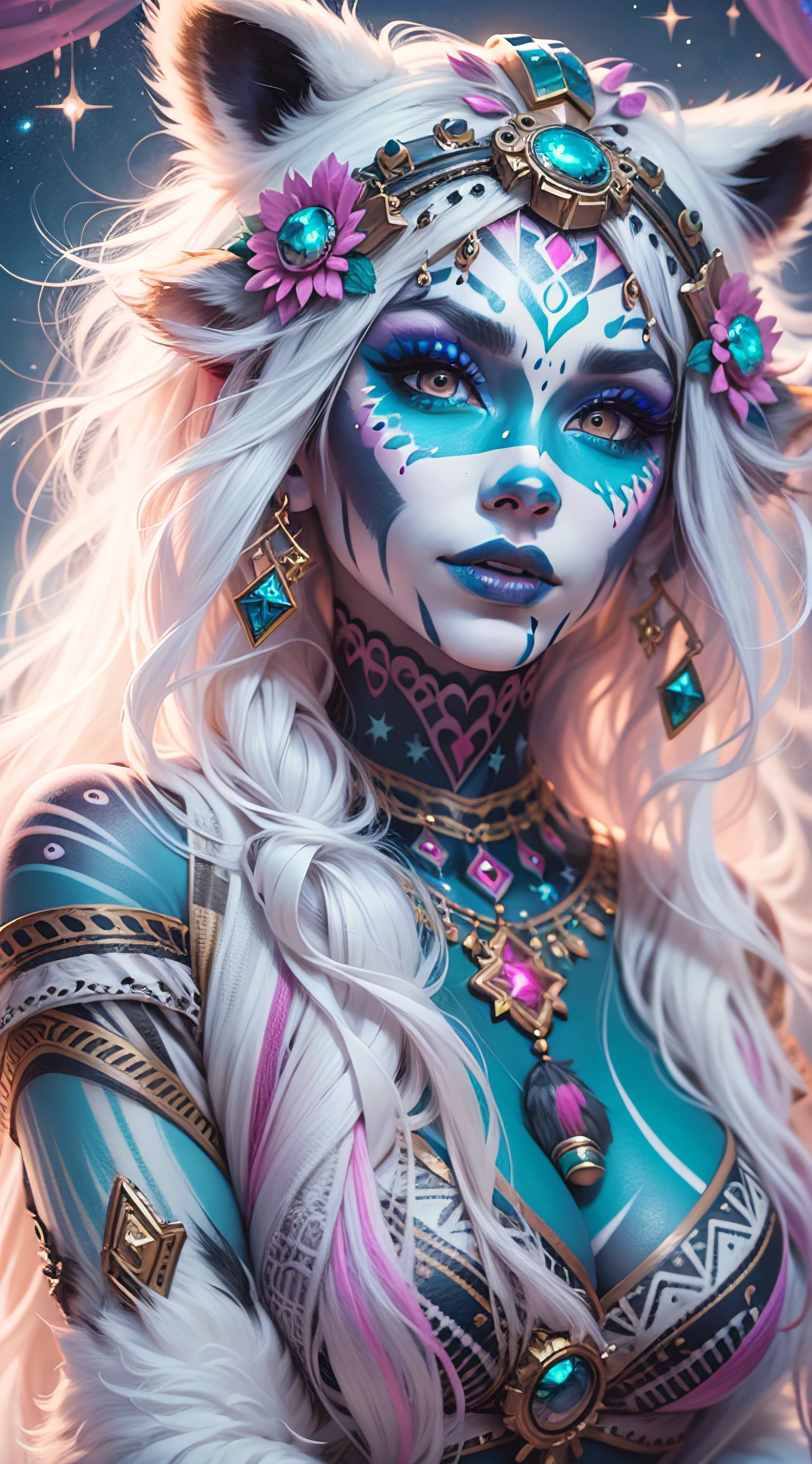 32k, full body view, very beautiful tribal raccoon girl with excessive intricately detailed vivdly colorful facepaint bodypaint makeup, stunning radiant teal eyes, gorgeous white hair with pink highlights, magical night sky background