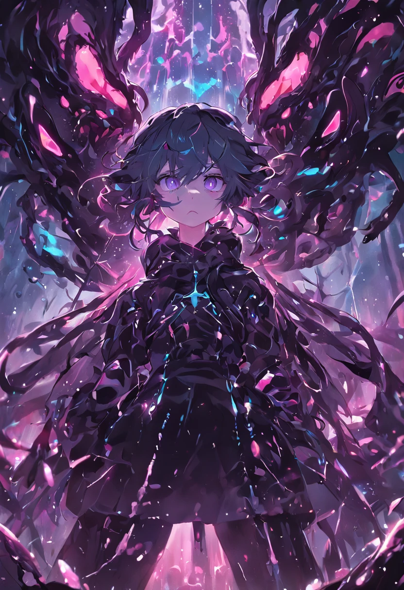 The black slime converges into a clump,A viscous black liquid drips from the huge eye,Black tentacles rise from the ground,A fantastical glow,armour,crystals