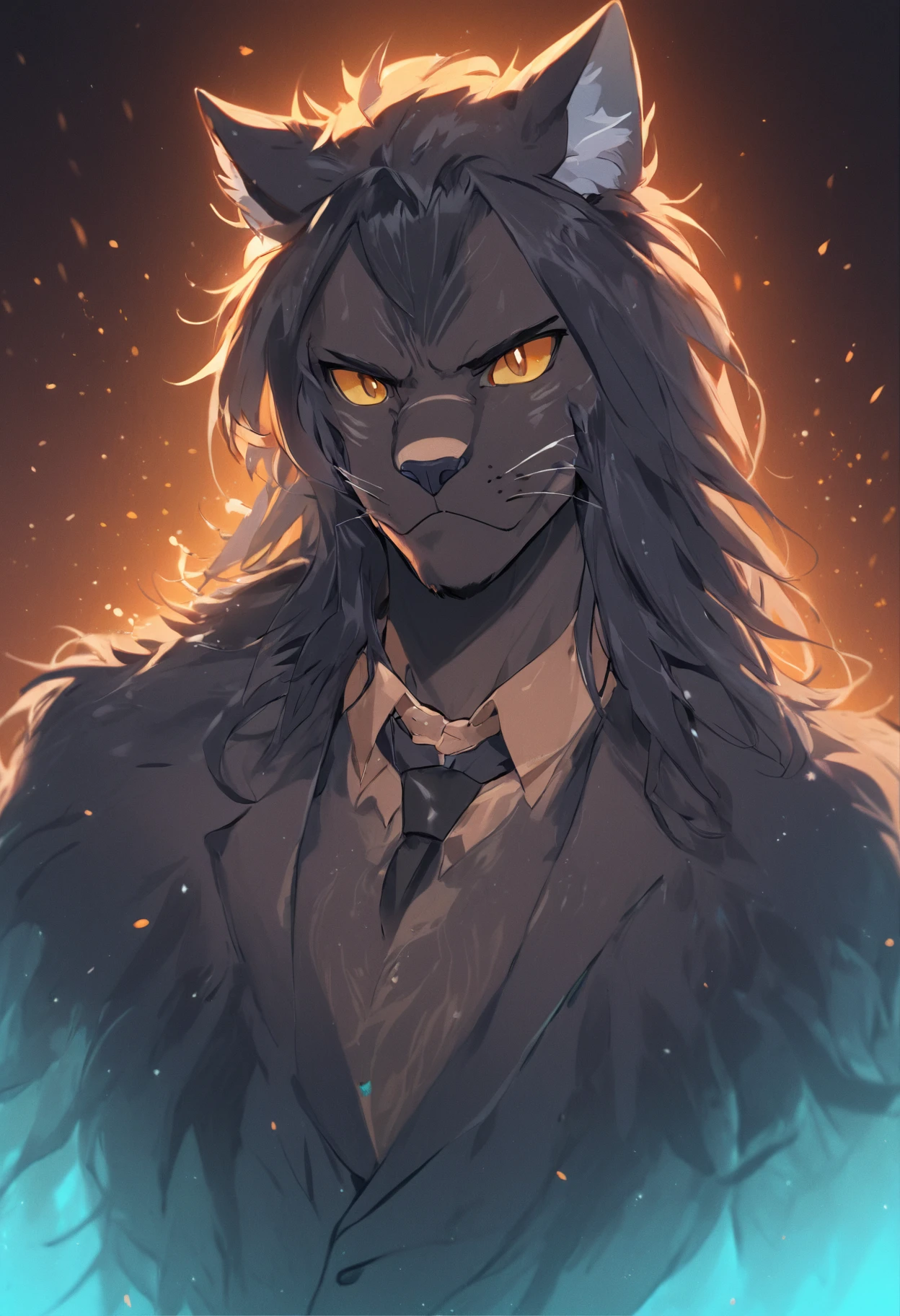 4K, high resolution, Best quality, Masterpiece, perfect colors, perfectly shaded, Perfect lighting, posted on e621, (by Chunie), Furry, anthro, Furry art, ((Portrait)), Male leopard, black panther, Long bi-tone hair,(eye glass),hairy bodies, Yellow eyes, perfect male figure, (Suits),Detailed fur, Detailed face, Perfect face, (The stands up), Detailed background, ((Bonifasko lighting)), coda, (Detailed eyes), perfect pupils