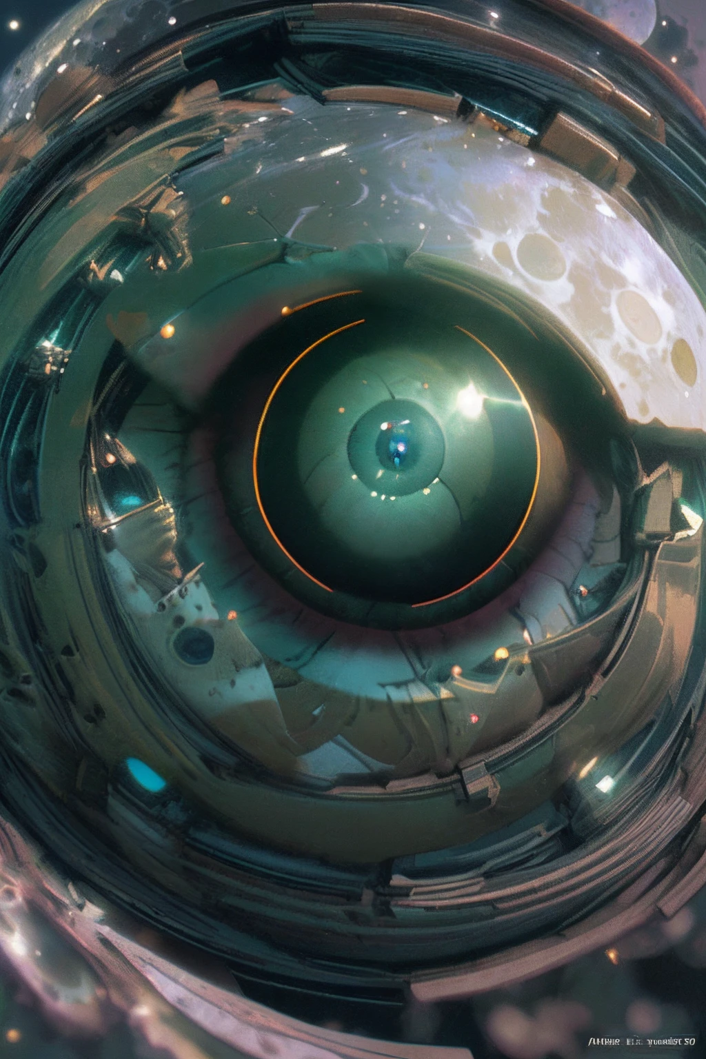arafed, high details, best quality, 16k, [ultra detailed], masterpiece, best quality, (extremely detailed), dynamic angle, ultra wide shot, RAW, photorealistic, a extreme magnified picture of the mecha eye, green iris, a full moon, round moon being reflected on the iris, 3D rendering, [[anatomically correct]]
