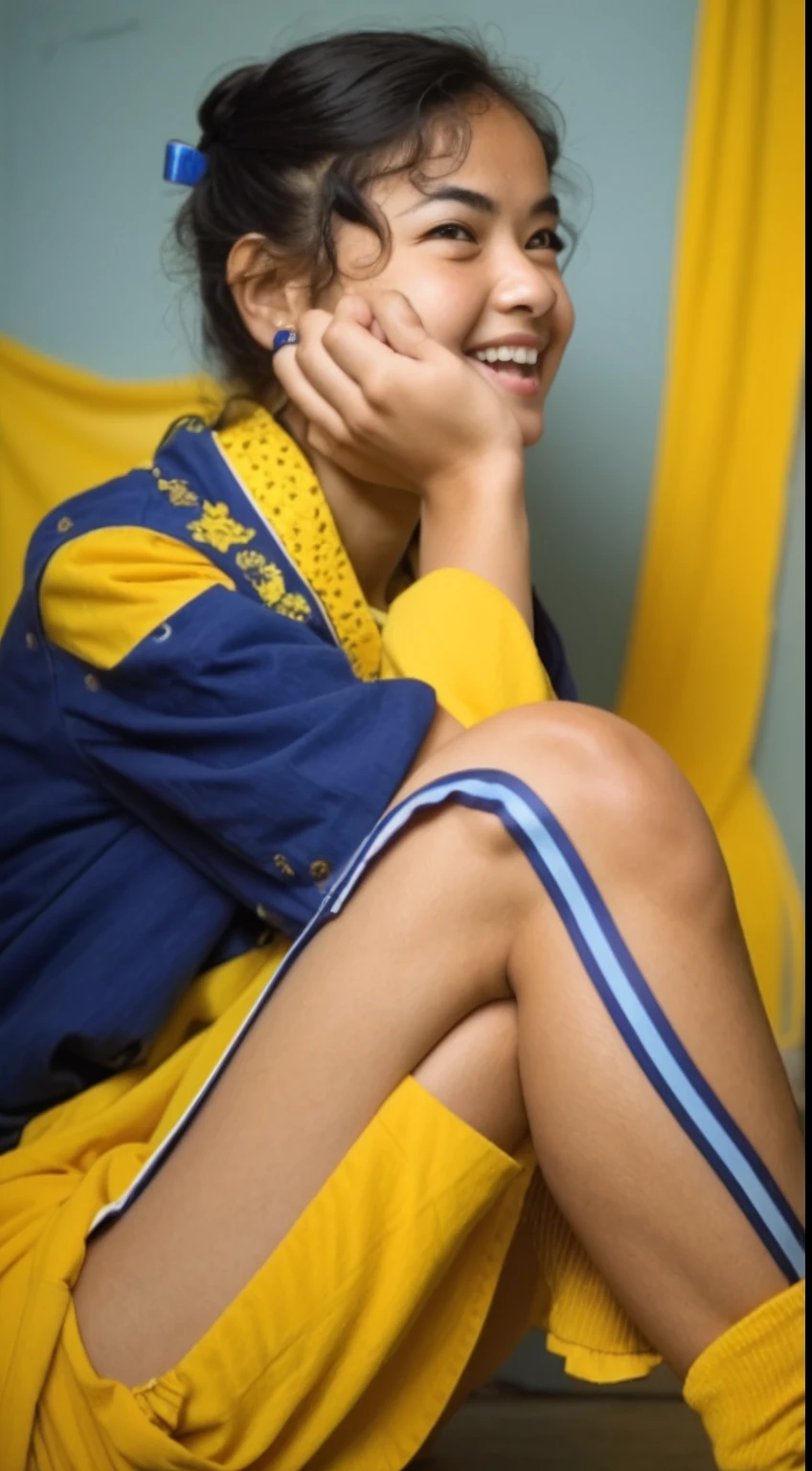 arafed woman sitting on the floor with her hand on her chin, casual photography, in blue and yellow clothes, fotografia, portrait happy colors, candid picture, portait photo, portrait!!!!!!, with a beautifull smile, edited, !!! colored photography, sitting on the floor, portrait!!!, candid photography, posing!!, distorted pose, expressive!!!!!