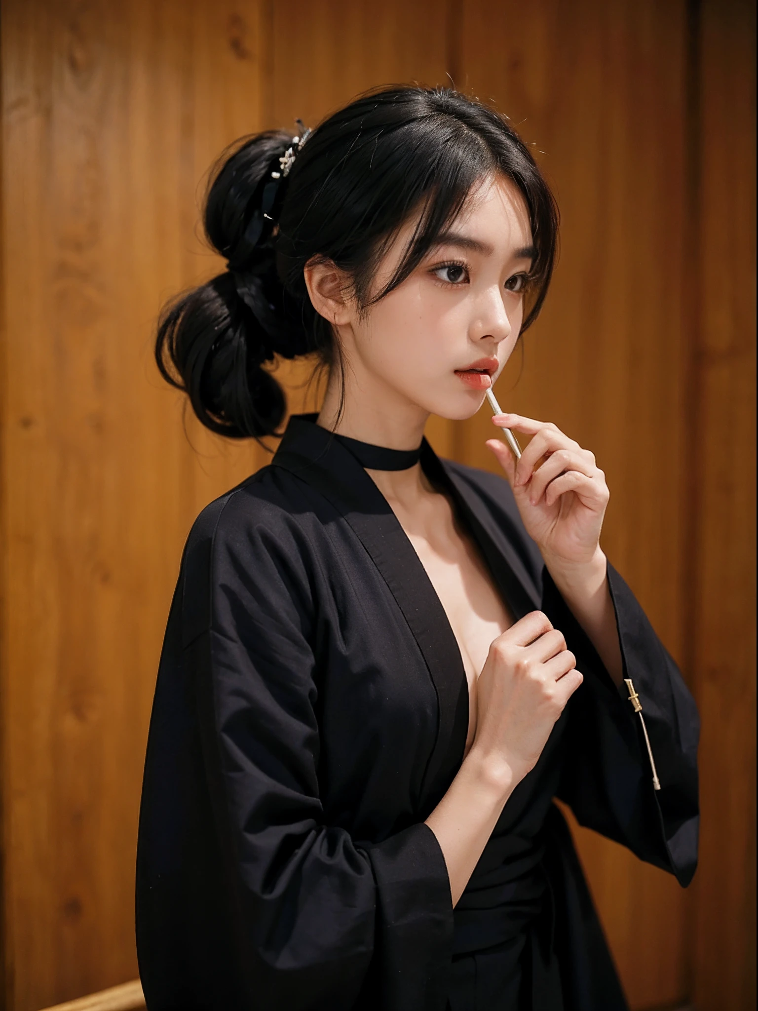 A female ninja seduces a male ninja。A young kunoichi with black hair and a ponytail