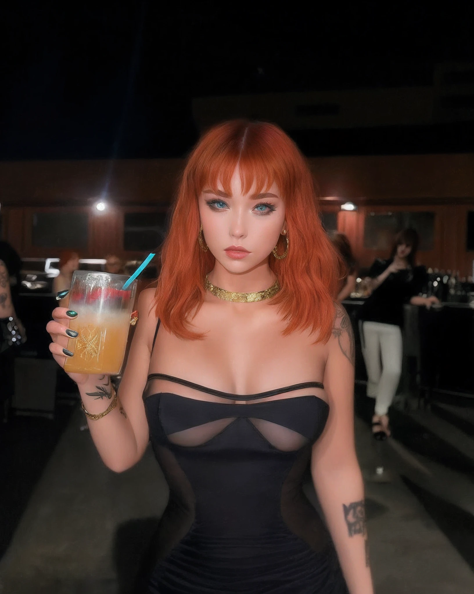Araffe woman in a black dress with a drink, Madison Beer als Leeloo, redhead girl, with a drink, Dascha Taran, Durchsichtiges Kleid, Leeloo Outfit, Stundenglas ⌛️, in einem schwarzen Betch-BH, enges Kleid, katti Color , roter Kopf, enges Outfit, tattoos, braune Augen, markantes Gesicht, choker, smil, cum on face