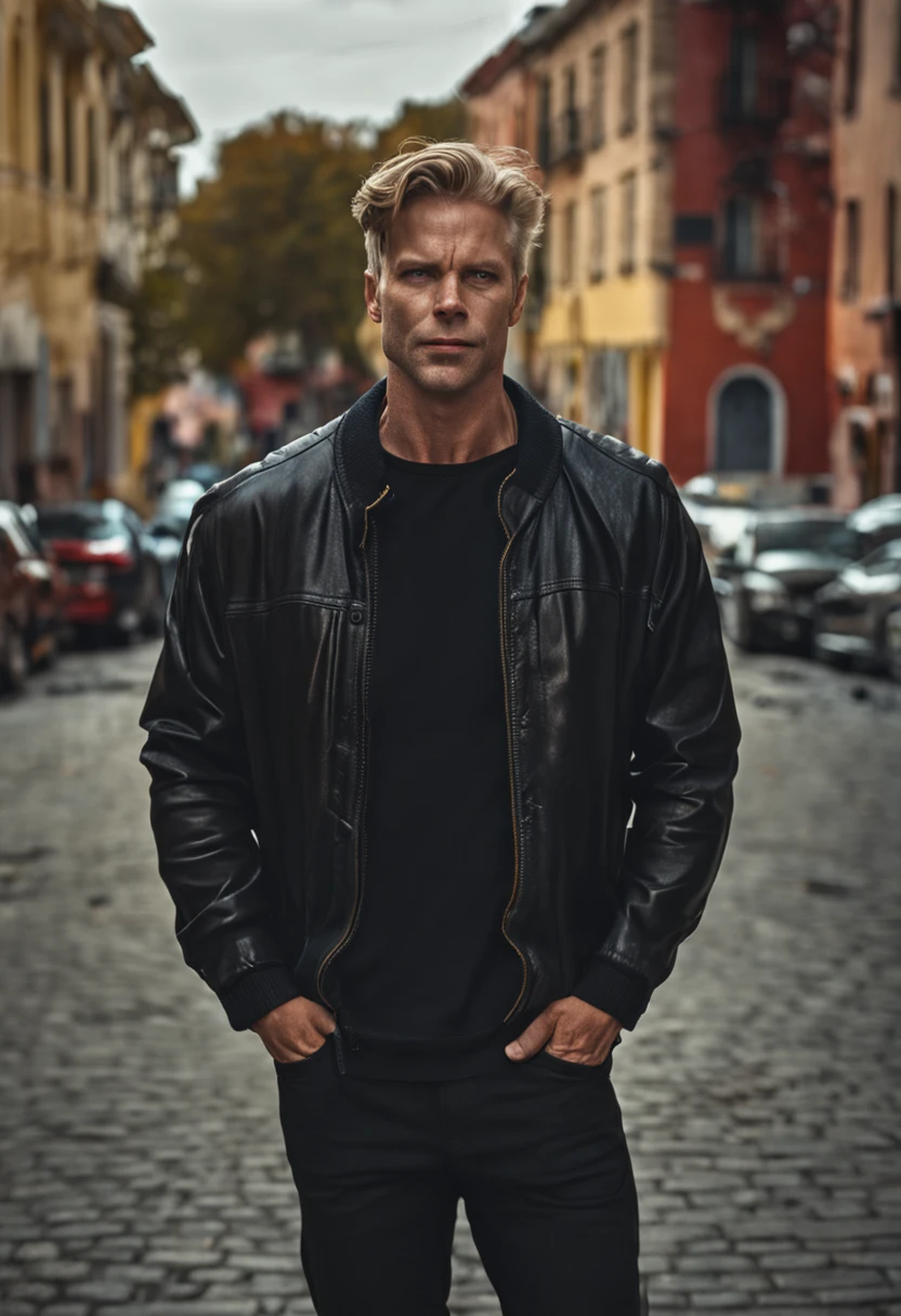 A European-American male, 25 age old, Smile Expression, Model figure, with short golden hair, European street background, Half-life photos, Wears a solid black long-sleeved sweatshirt, photorealestic, Surrealism, cinematic lighting, panorama, best quality, high details