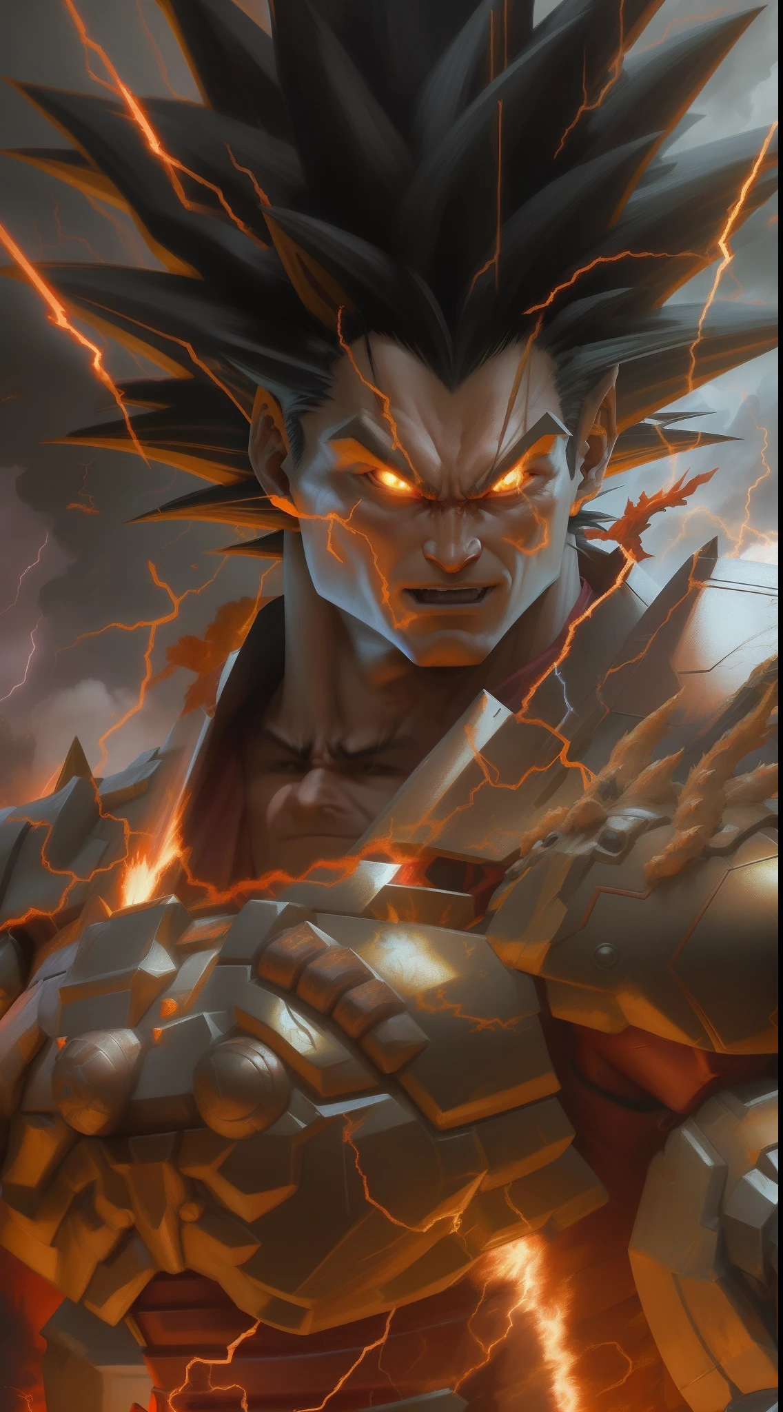 close up, mandrake adrian dragon of war, goku is wearing a fighter mech, transformed into a super Saiyan, The red light surrounds his body,Like a bolt of lightning, in the style of huang guangjian, david michael bowers, ps1 graphics, serene faces, chrome-plated, northern china's terrain, ivan fedorovich choultse