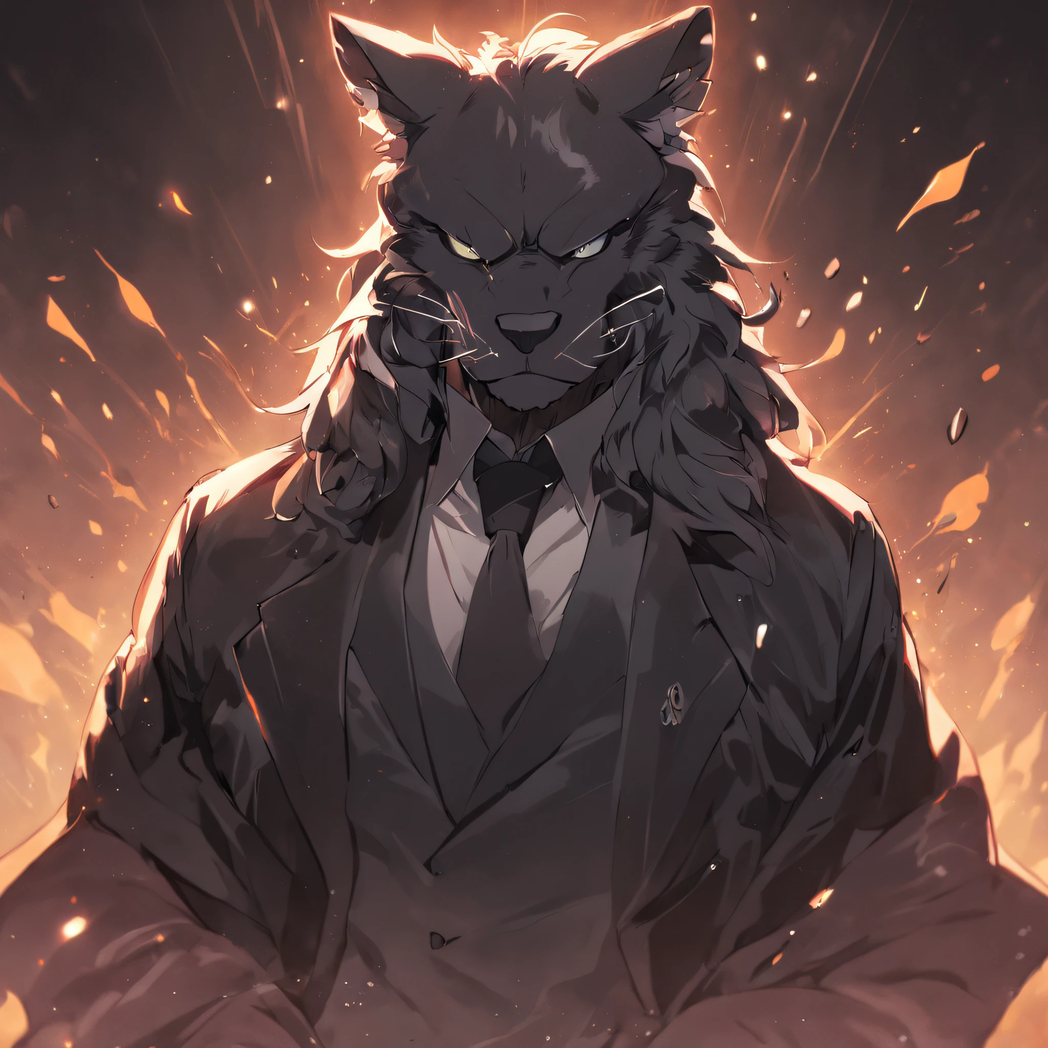 4K, high resolution, Best quality, Masterpiece, perfect colors, perfectly shaded, Perfect lighting, posted on e621, (by Chunie), Furry, anthro, Furry art,middle aged man,Big back,Black and white hair,stubbles,Handsome face,wind coat,Business suit,围巾,cigars,Male Black Panther