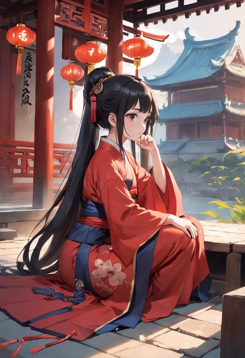 1girll，Sitting happily on the box and looking at the money on the ground，Wearing Chinese clothing，shift dresses，black color hair，Red dress，Hanfu，longer sleeves，long  skirt，long whitr hair，full bodyesbian，natta，hair-bun，hair adornments，jewely，耳Nipple Ring，airbubble，Faraway view，wide angles，atmospurate，noble，Wallpapers，art-deco，High detail texture，concept-art，romanticism lain，CLMP style，Ghibli-style colors，Miyazaki animation style，Animation style，up-close，macro photograph，Unified 16K，hyper-detailing，Precise，best qualtiy，hyper HD，tmasterpiece，