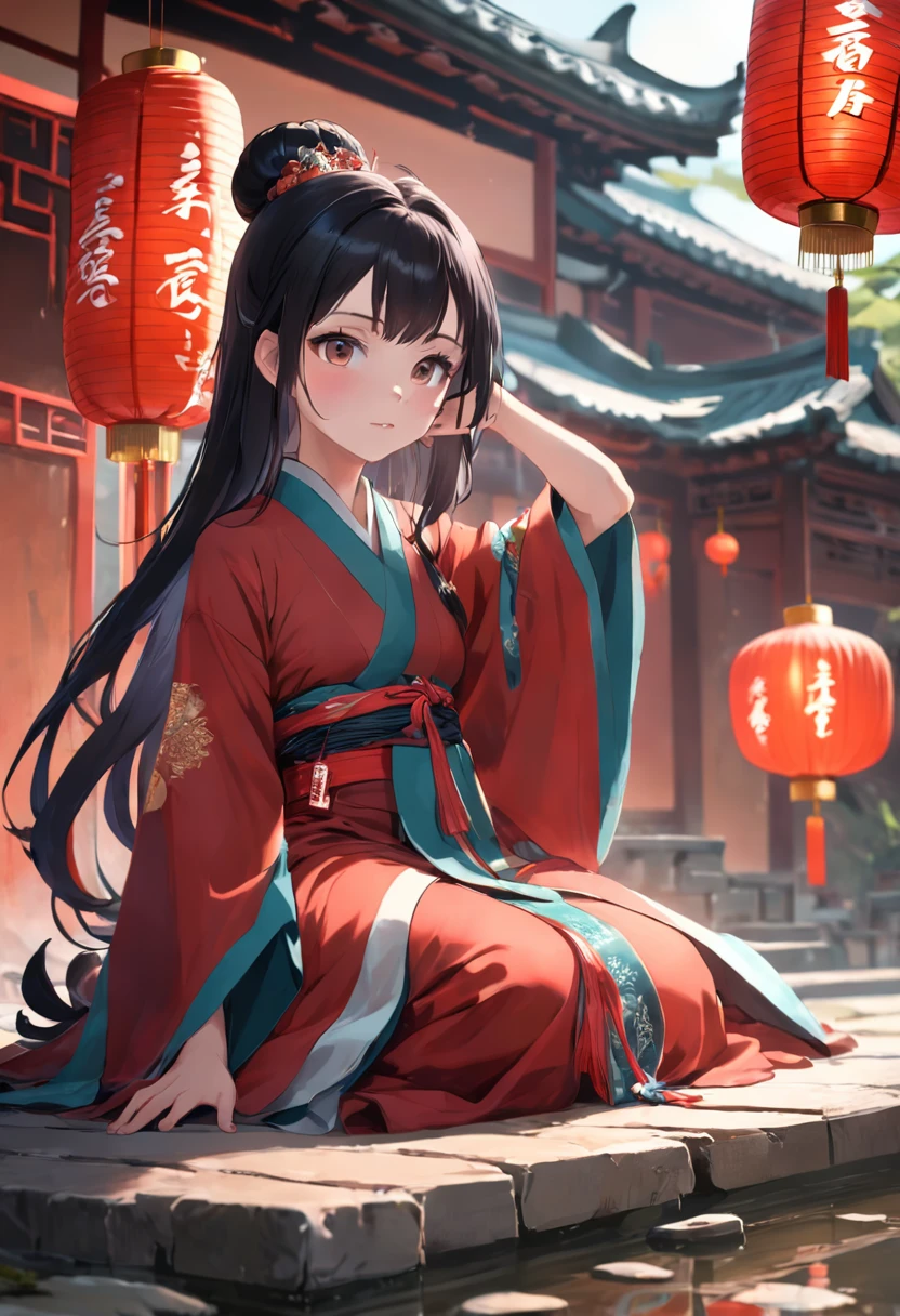 1girll，Sitting happily on the box and looking at the money on the ground，Wearing Chinese clothing，shift dresses，black color hair，Red dress，Hanfu，longer sleeves，long  skirt，long whitr hair，full bodyesbian，natta，hair-bun，hair adornments，jewely，耳Nipple Ring，airbubble，Faraway view，wide angles，atmospurate，noble，Wallpapers，art-deco，High detail texture，concept-art，romanticism lain，CLMP style，Ghibli-style colors，Miyazaki animation style，Animation style，up-close，macro photograph，Unified 16K，hyper-detailing，Precise，best qualtiy，hyper HD，tmasterpiece，