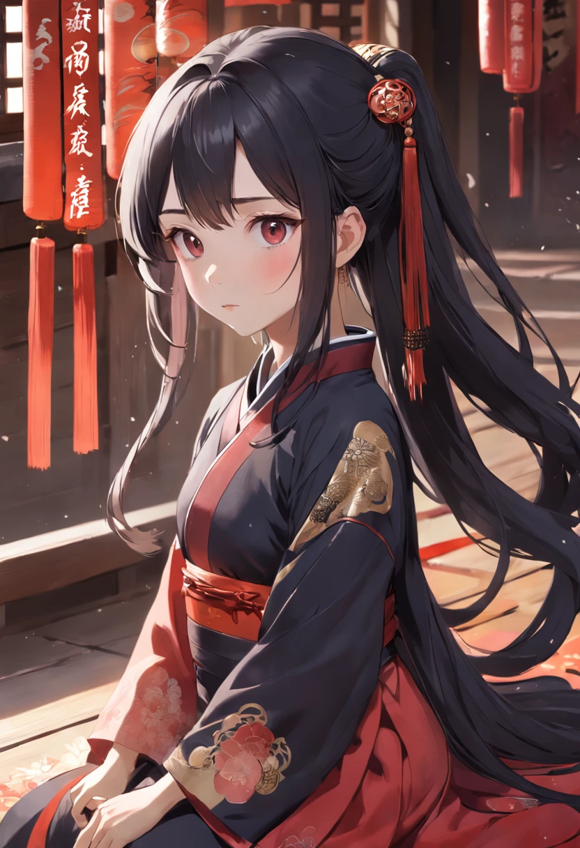 1girll,Sitting happily on the box and looking at the money on the ground,Wearing Chinese clothing,shift dresses,black color hair,Red dress,Hanfu,longer sleeves,long skirt,long whitr hair,full bodyesbian,natta,hair-bun,hair adornments,jewely,耳Nipple Ring,airbubble,Faraway view,wide angles,atmospurate,noble,Wallpapers,art-deco,High detail texture,concept-art,romanticism lain,CLMP style,Ghibli-style colors,Miyazaki animation style,Animation style,up-close,macro photograph,Unified 16K,hyper-detailing,Precise,best qualtiy,hyper HD,tmasterpiece,