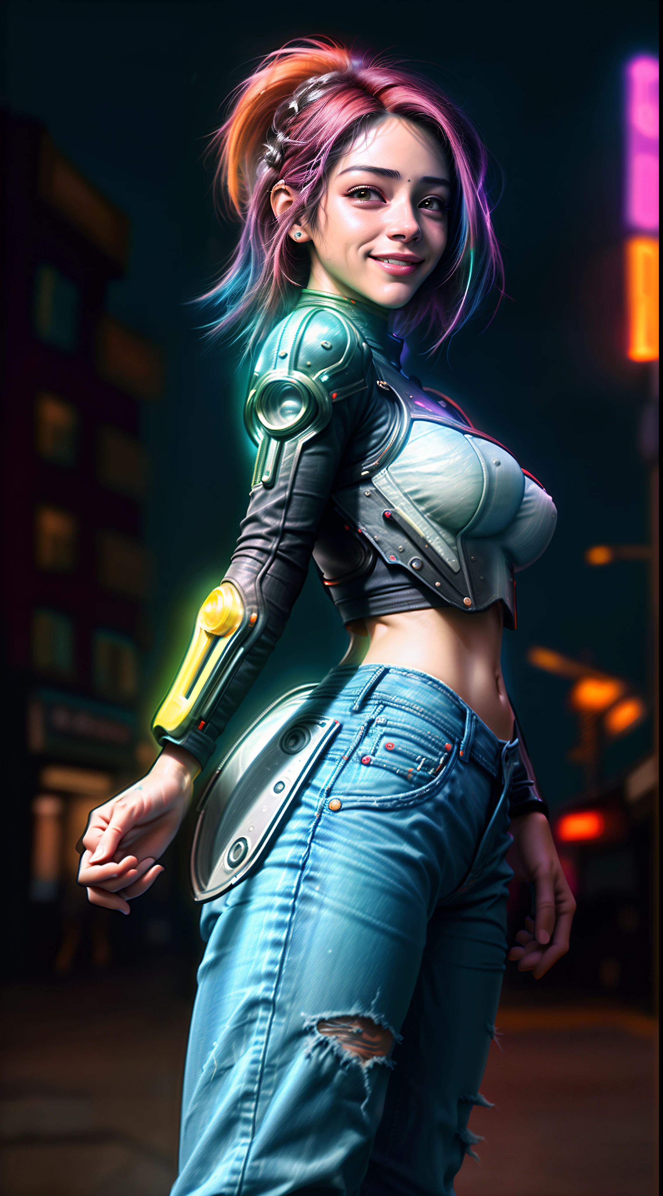 Retrato  de perfil  de 1 garota morena de 18 anos com cabelos longos colorido , usando jeans rasgados colados ao corpo ,(Capping breasts with your hands), , (em cima de uma moto), smiling for the camera Bottom-up angle photography,in a city at night without cyberpunk style ,((Foto 8k)), HDR ,super realista,.RAW, DETALHES HIPER-REALISTA, (Film style)